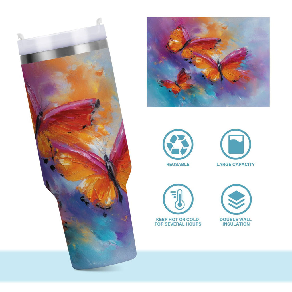30 oz Insulated Stainless Steel Tumbler Double Wall Stainless Steel Tumbler with 2-Way Drinking Red and Orange Butterflies - QECG