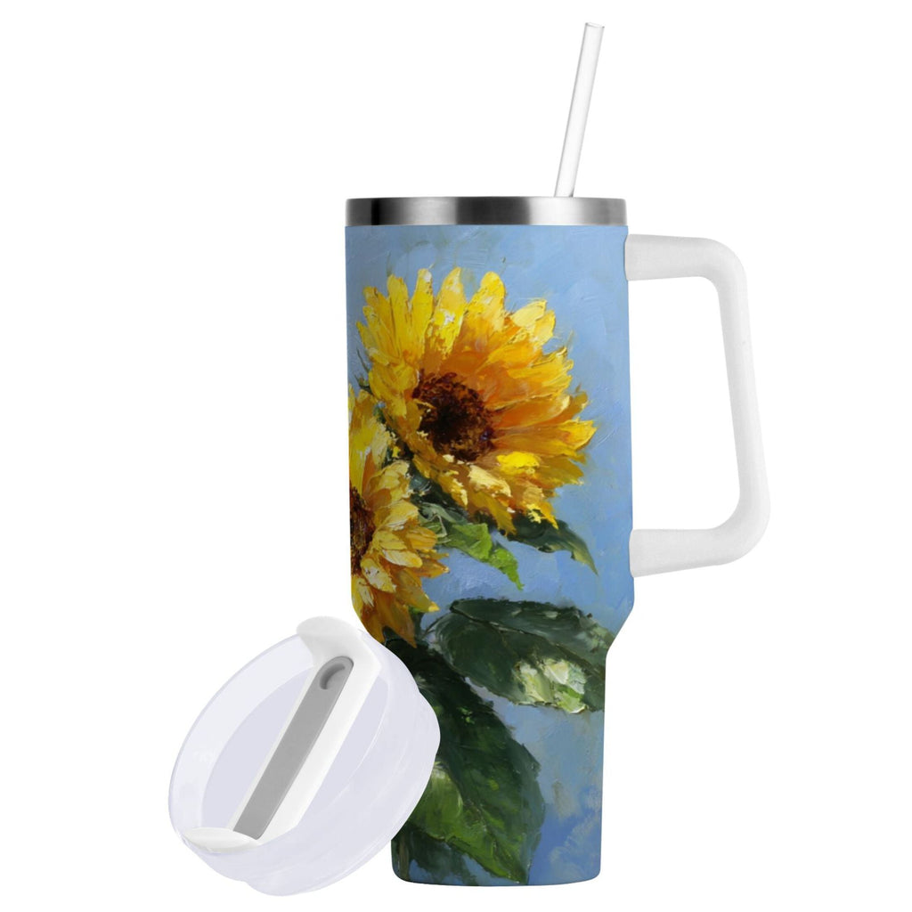 40 oz Insulated Stainless Steel Tumbler Double Wall Stainless Steel Tumbler with 2-Way Drinking Sunflowers Painting - WQK8