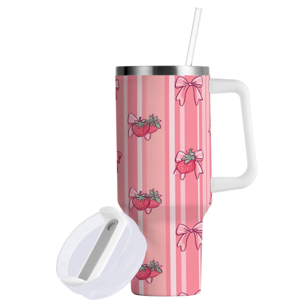30 oz Insulated Stainless Steel Tumbler Double Wall Stainless Steel Tumbler with 2-Way Drinking Pink Bows and Strawberries - KG8N