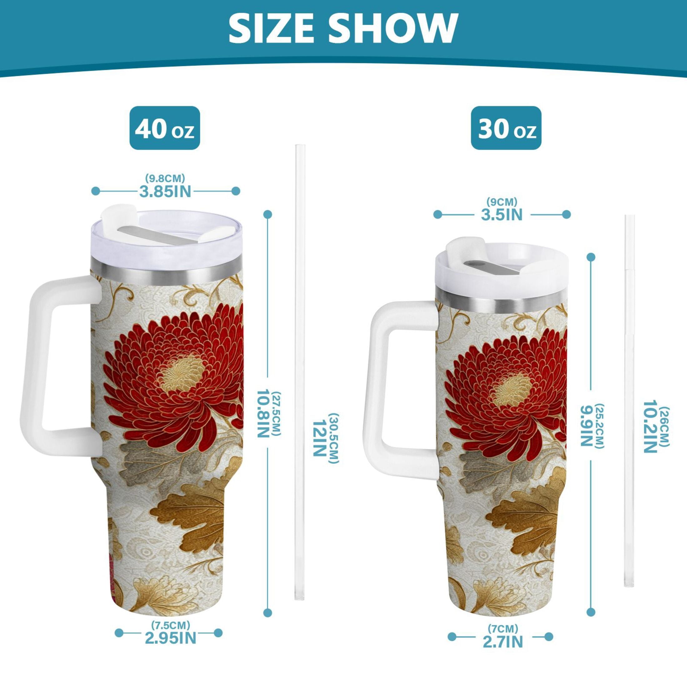30 oz Insulated Stainless Steel Tumbler Double Wall Stainless Steel Tumbler with 2-Way Drinking Red Chrysanthemum Pattern - APW8