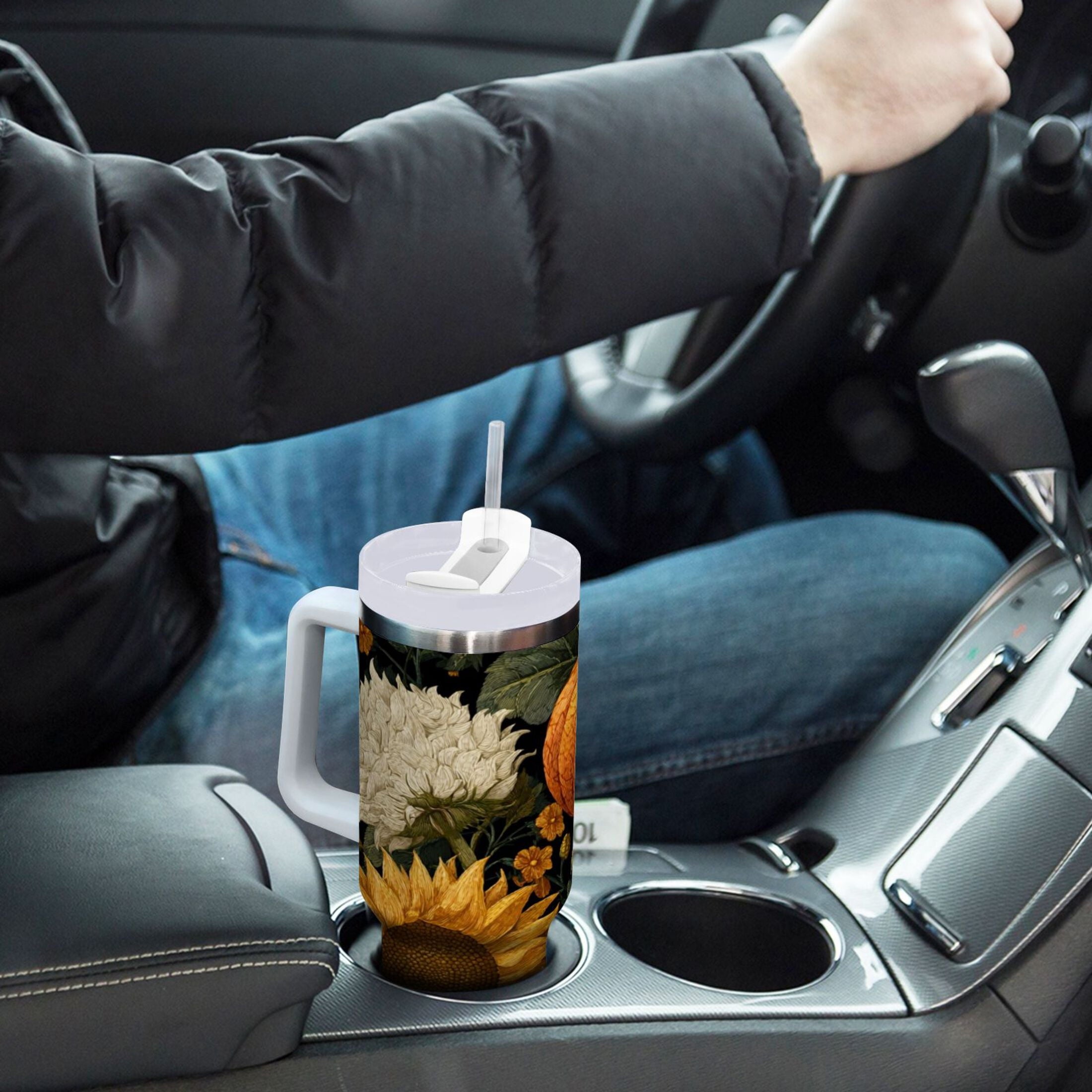 40 oz Insulated Stainless Steel Tumbler Double Wall Stainless Steel Tumbler with 2-Way Drinking Pumpkins and Sunflowers Pattern - YTXK