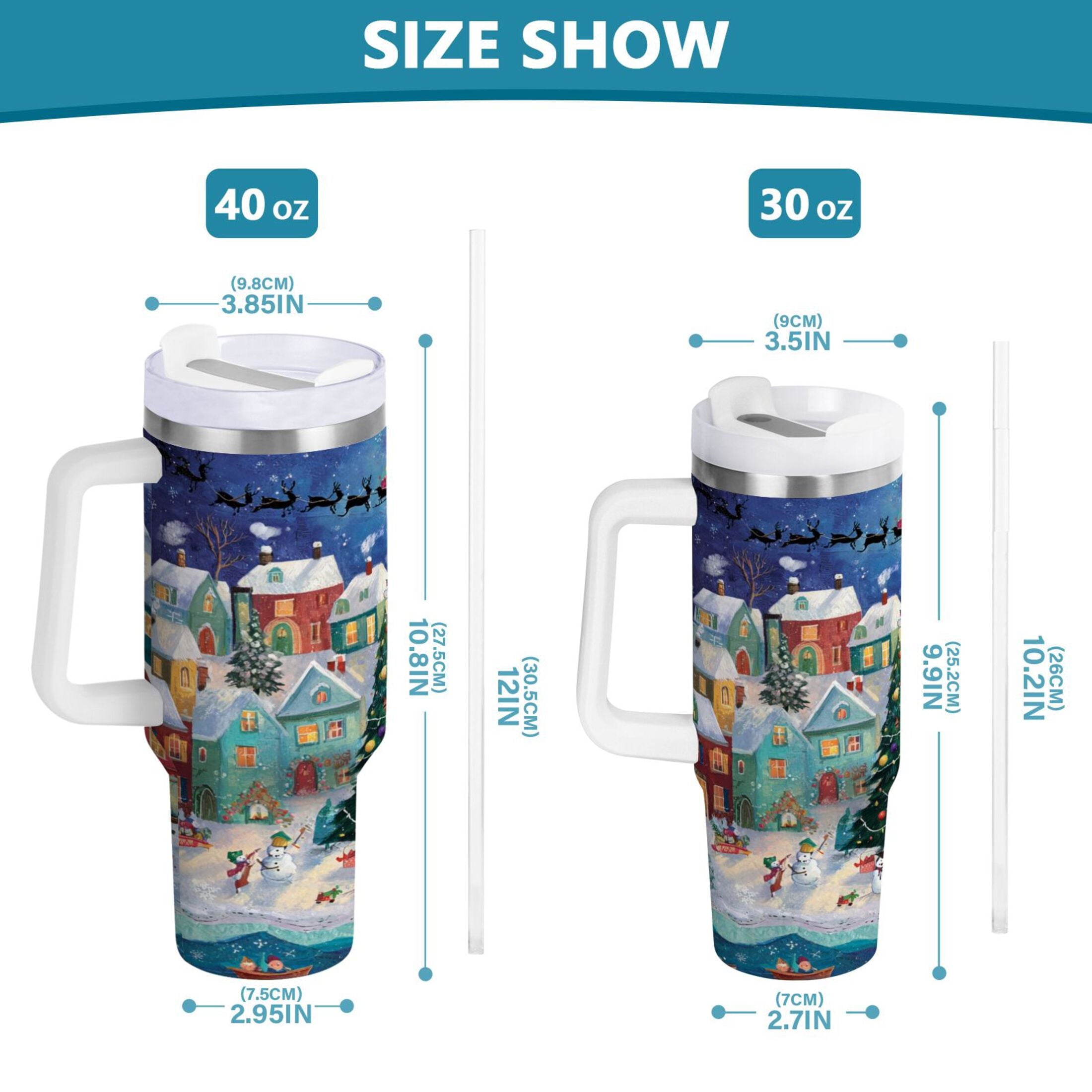 30 oz Insulated Stainless Steel Tumbler Double Wall Stainless Steel Tumbler with 2-Way Drinking Charming Christmas Scene - TZRD