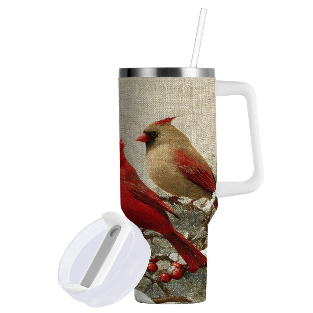 30 oz Insulated Stainless Steel Tumbler Double Wall Stainless Steel Tumbler with 2-Way Drinking Bird and Snow-covered Trees - QGER