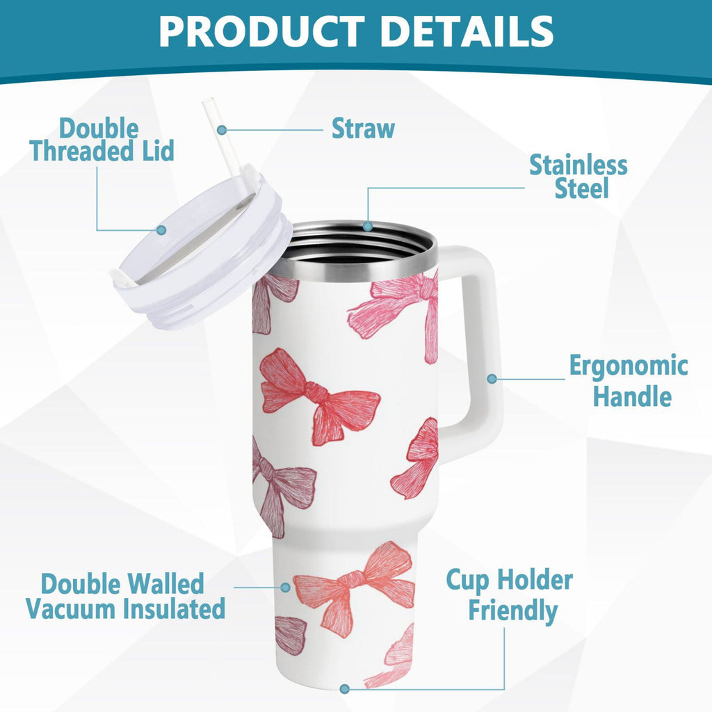 40 oz Insulated Stainless Steel Tumbler Double Wall Stainless Steel Tumbler with 2-Way Drinking Pink Bows Pattern - ENMN