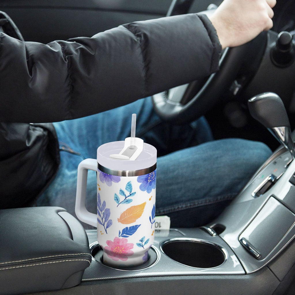 30 oz Insulated Stainless Steel Tumbler Double Wall Stainless Steel Tumbler with 2-Way Drinking Blue and Purple Flowers - 88C4
