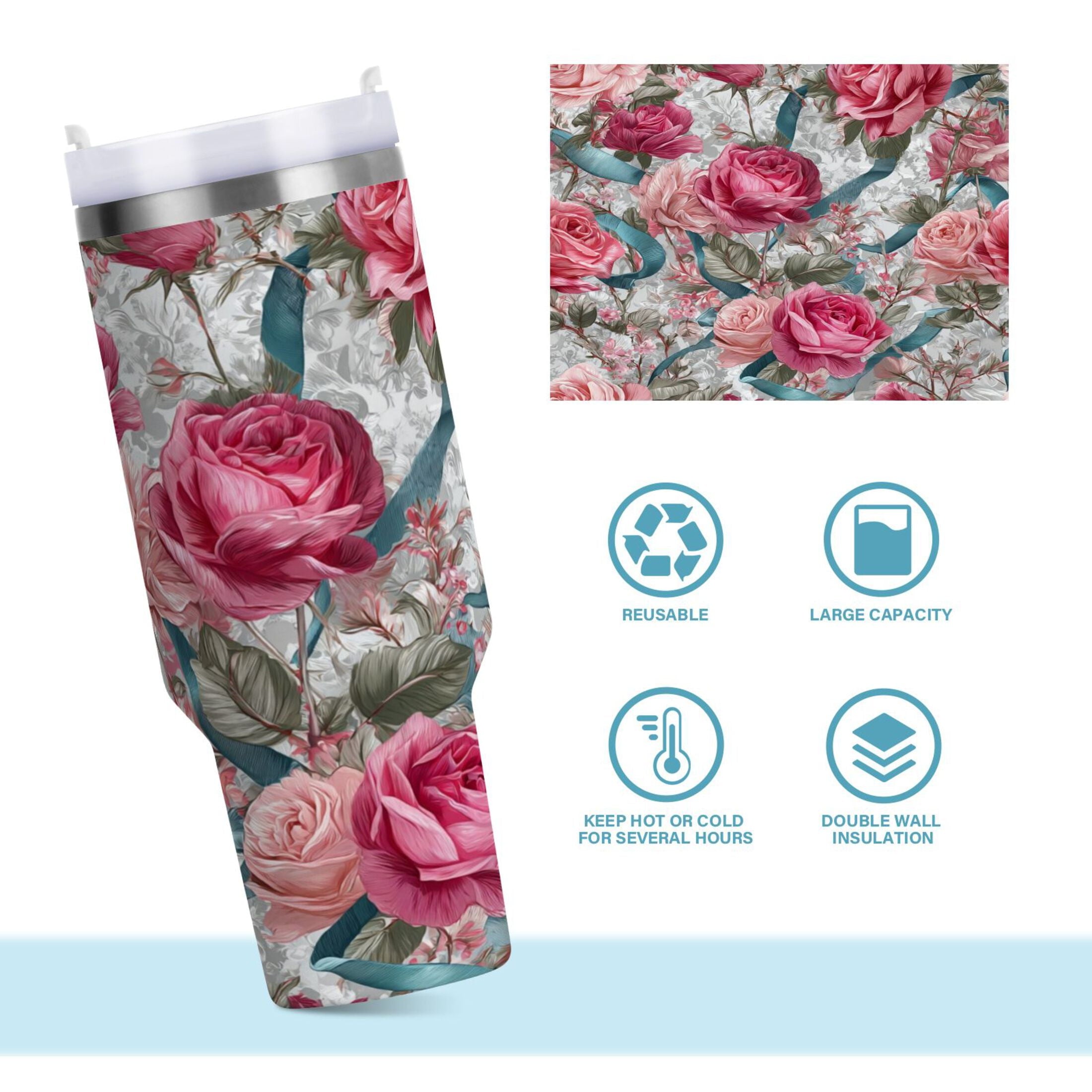 30 oz Insulated Stainless Steel Tumbler Double Wall Stainless Steel Tumbler with 2-Way Drinking Roses and Ribbons - R476