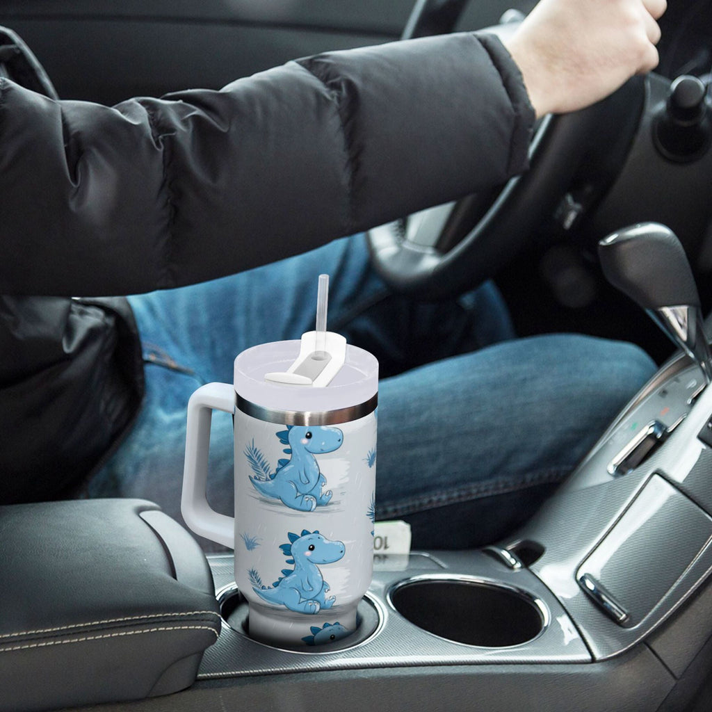 30 oz Insulated Stainless Steel Tumbler Double Wall Stainless Steel Tumbler with 2-Way Drinking Cartoon Blue Dinosaurs - LJEG
