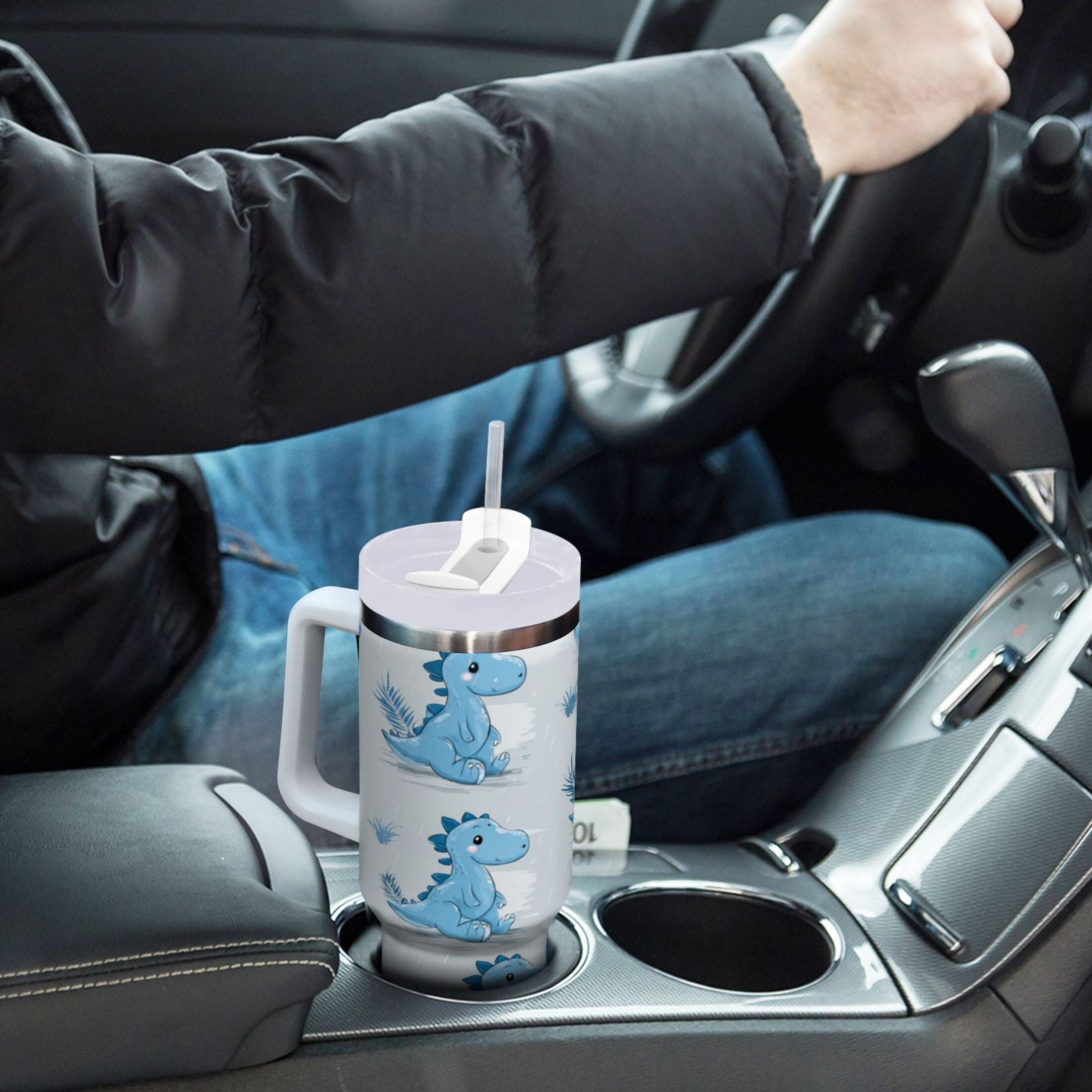 30 oz Insulated Stainless Steel Tumbler Double Wall Stainless Steel Tumbler with 2-Way Drinking Cartoon Blue Dinosaurs - LJEG