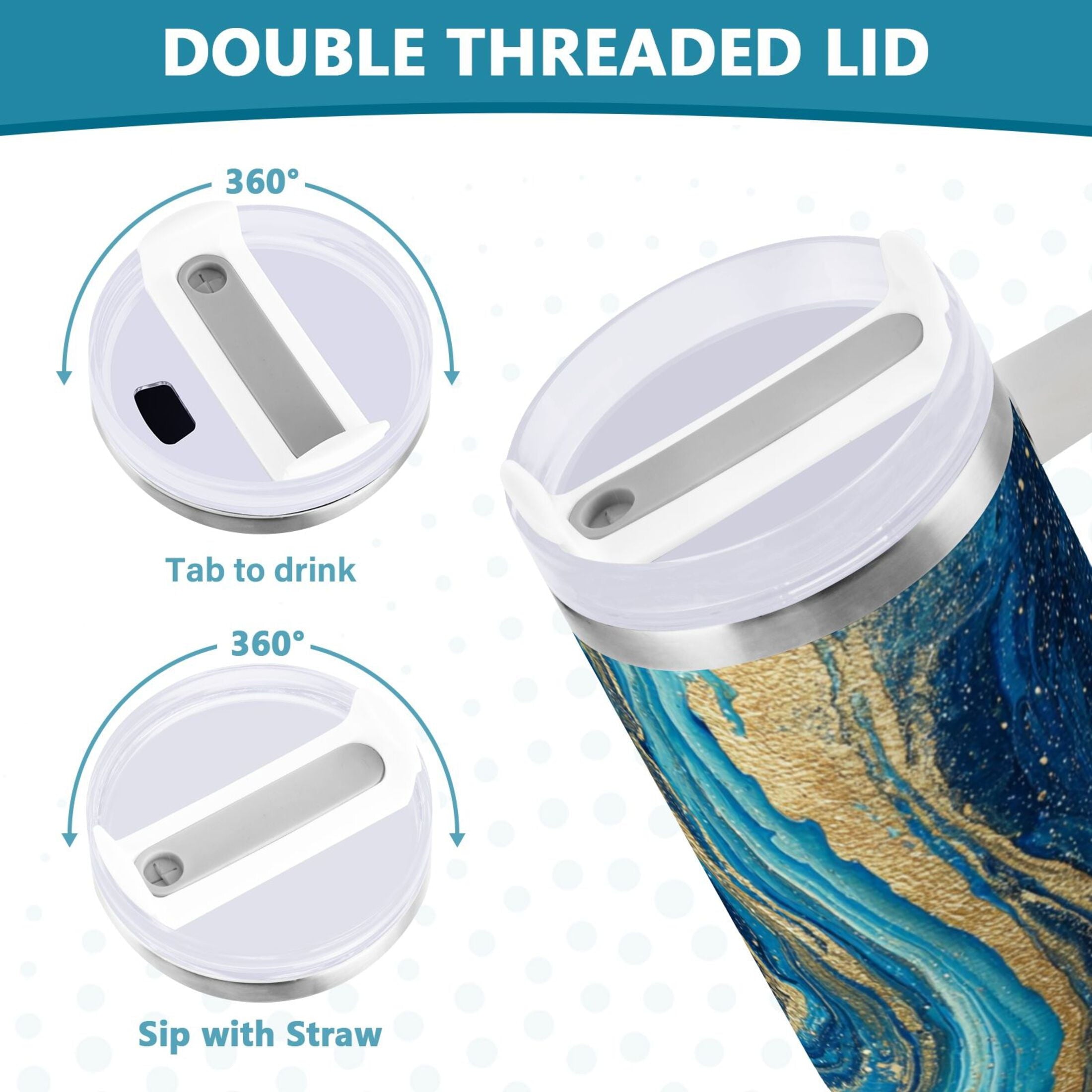 30 oz Insulated Stainless Steel Tumbler Double Wall Stainless Steel Tumbler with 2-Way Drinking Blue and Gold Ocean - QWF4