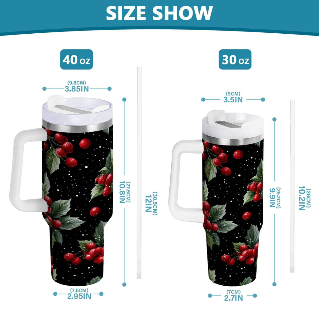 40 oz Insulated Stainless Steel Tumbler Double Wall Stainless Steel Tumbler with 2-Way Drinking Red Holly Berries Pattern - HSVE