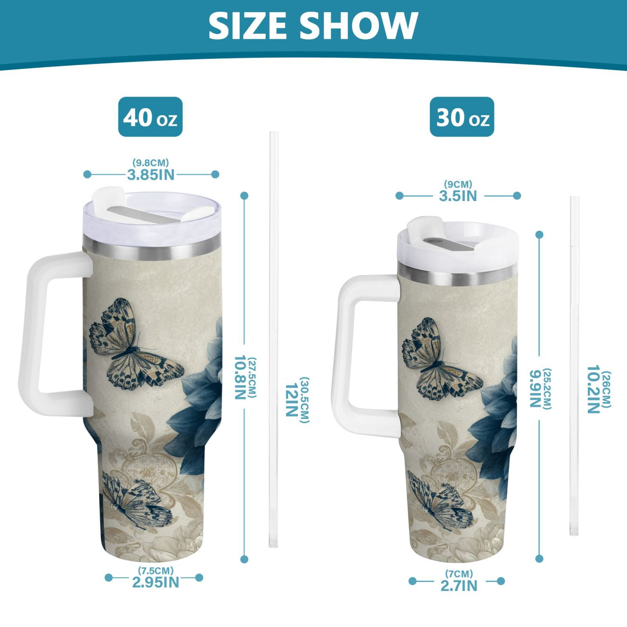 40 oz Insulated Stainless Steel Tumbler Double Wall Stainless Steel Tumbler with 2-Way Drinking Blue Flower with Butterflies - DSPG