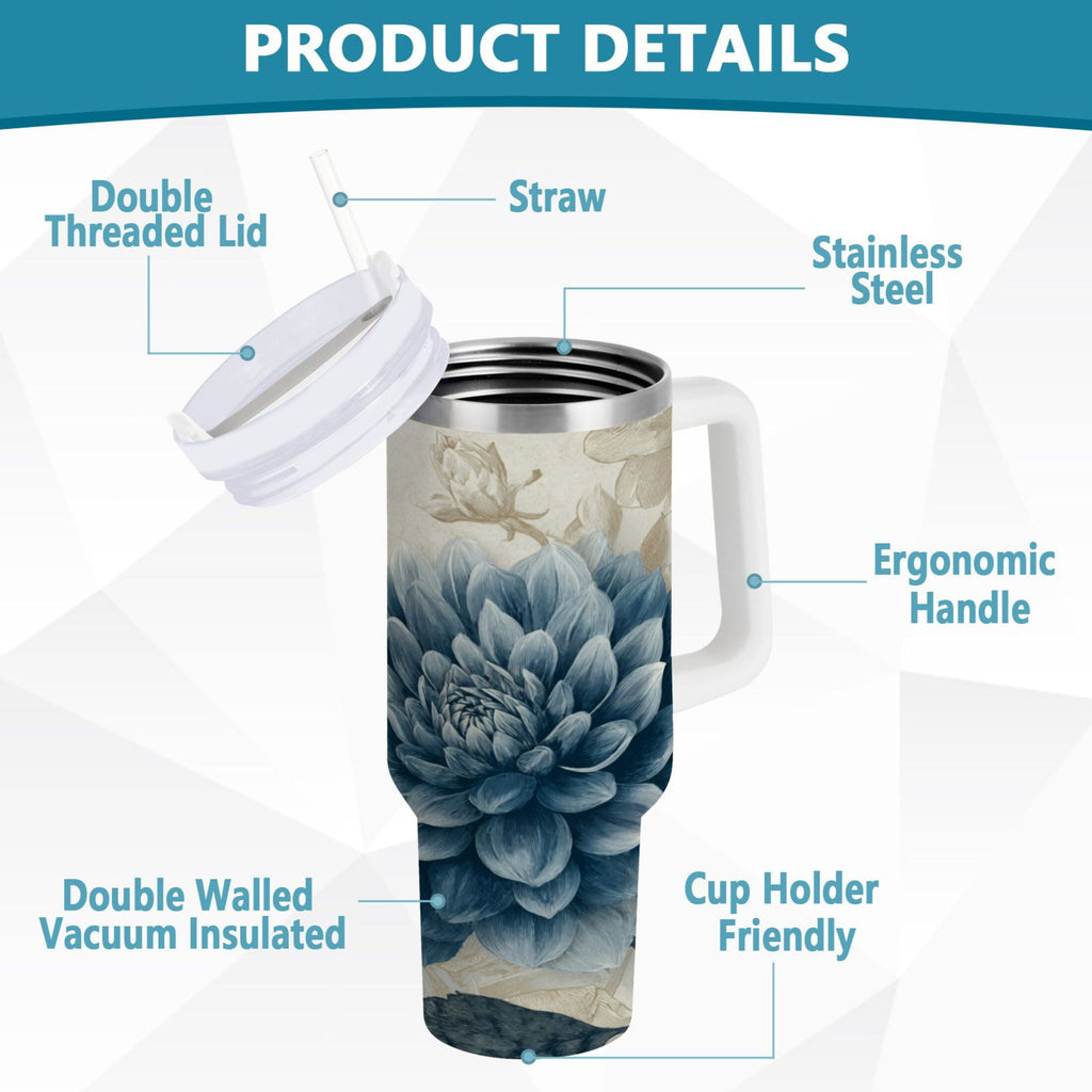 40 oz Insulated Stainless Steel Tumbler Double Wall Stainless Steel Tumbler with 2-Way Drinking Blue Flower with Butterflies - DSPG