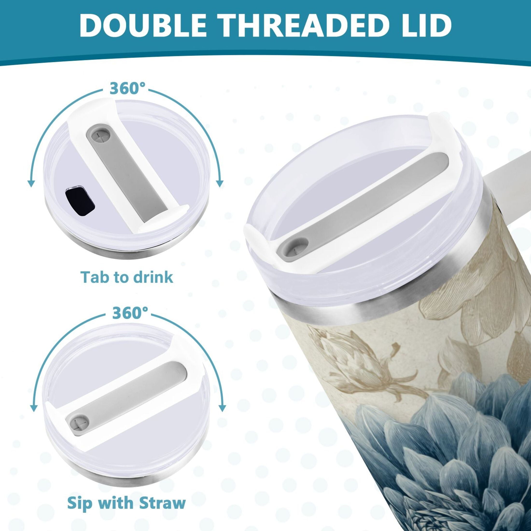 40 oz Insulated Stainless Steel Tumbler Double Wall Stainless Steel Tumbler with 2-Way Drinking Blue Flower with Butterflies - DSPG