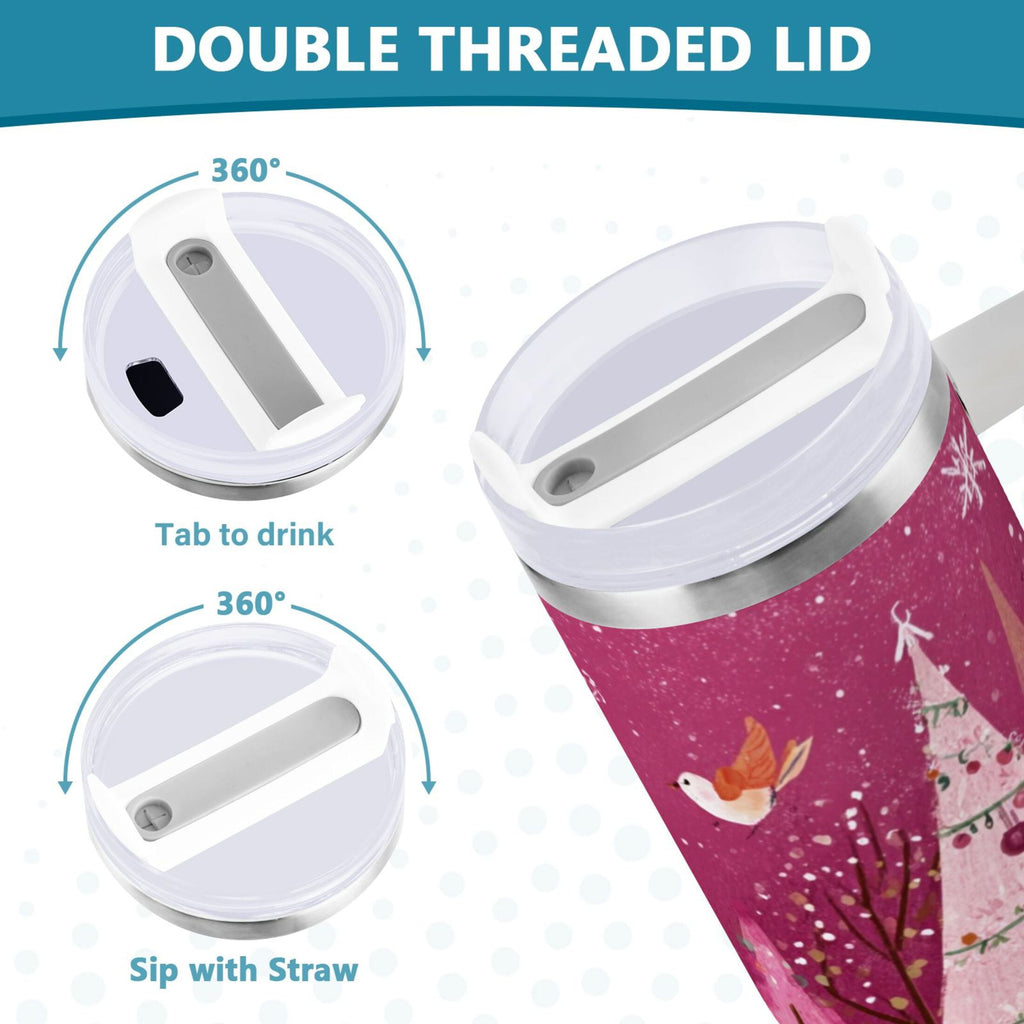 40 oz Insulated Stainless Steel Tumbler Double Wall Stainless Steel Tumbler with 2-Way Drinking Pink Christmas Forest - UL72