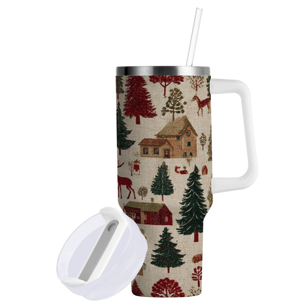 30 oz Insulated Stainless Steel Tumbler Double Wall Stainless Steel Tumbler with 2-Way Drinking Christmas Trees Deer and Houses - 84CJ