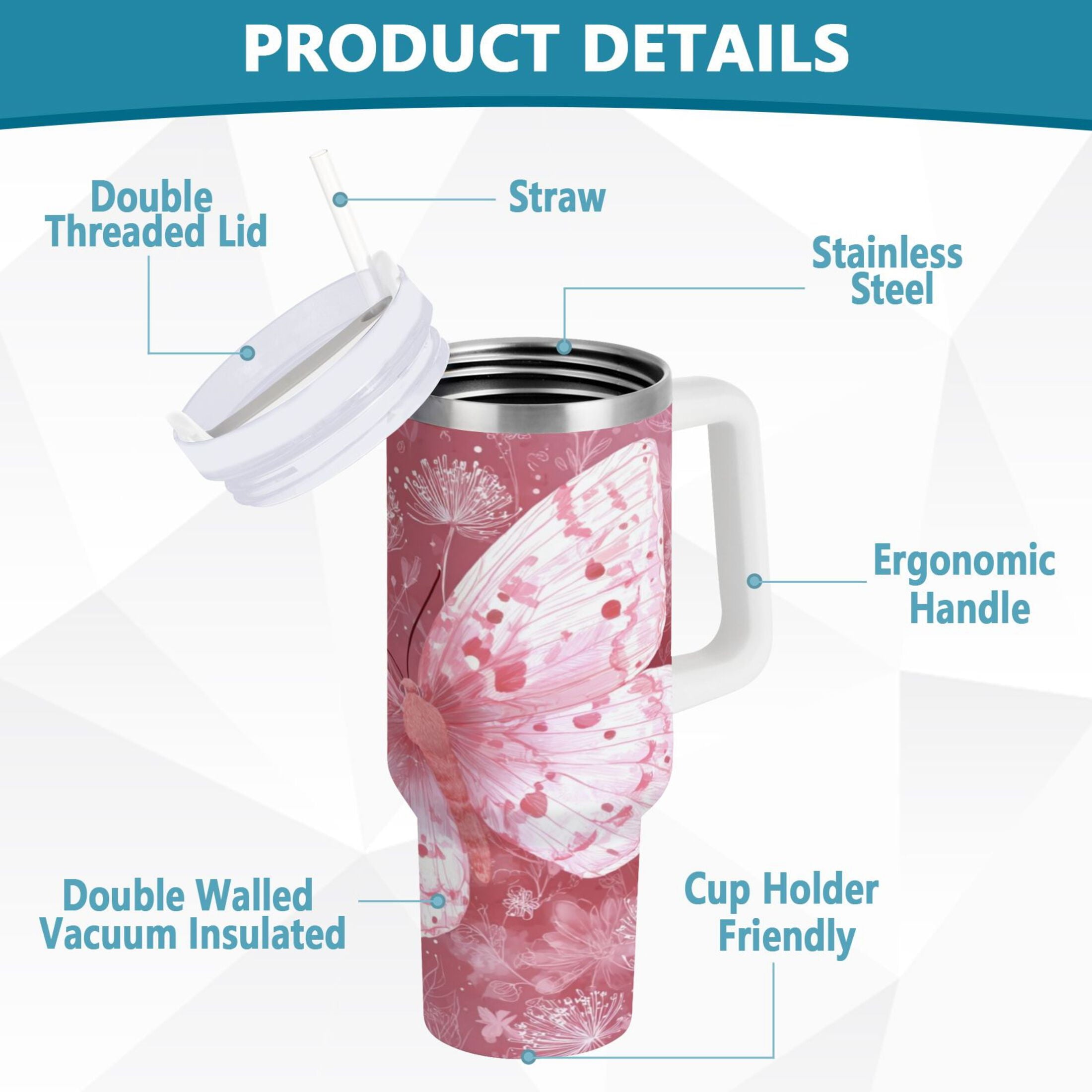 30 oz Insulated Stainless Steel Tumbler Double Wall Stainless Steel Tumbler with 2-Way Drinking Soft Pink Butterfly - CERX