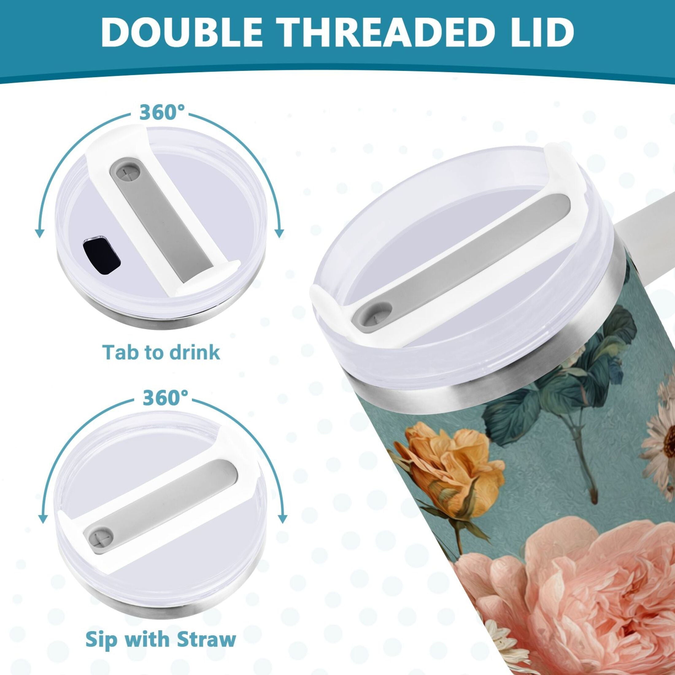 30 oz Insulated Stainless Steel Tumbler Double Wall Stainless Steel Tumbler with 2-Way Drinking Vintage Roses and Peonies - VM94