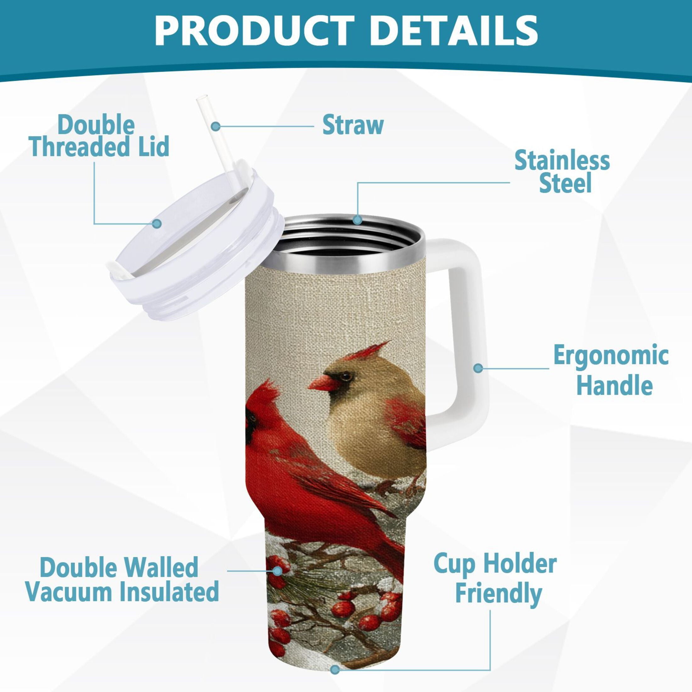 30 oz Insulated Stainless Steel Tumbler Double Wall Stainless Steel Tumbler with 2-Way Drinking Bird and Snow-covered Trees - QGER