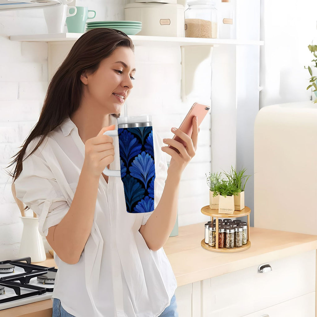 30 oz Insulated Stainless Steel Tumbler Double Wall Stainless Steel Tumbler with 2-Way Drinking Blue Batik Leaves Pattern - UL6C
