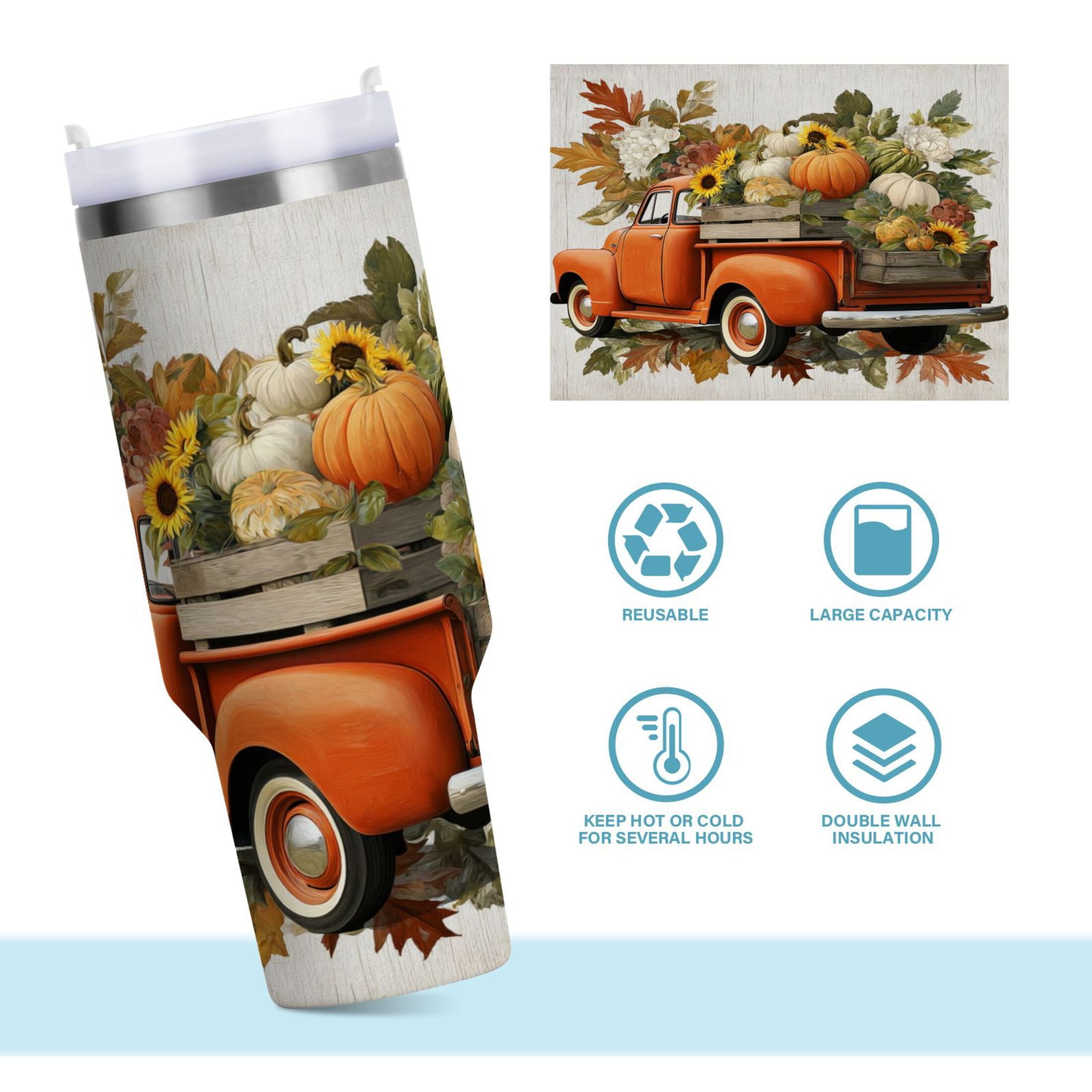 40 oz Insulated Stainless Steel Tumbler Double Wall Stainless Steel Tumbler with 2-Way Drinking Truck Full Of Pumpkins - 5EM8