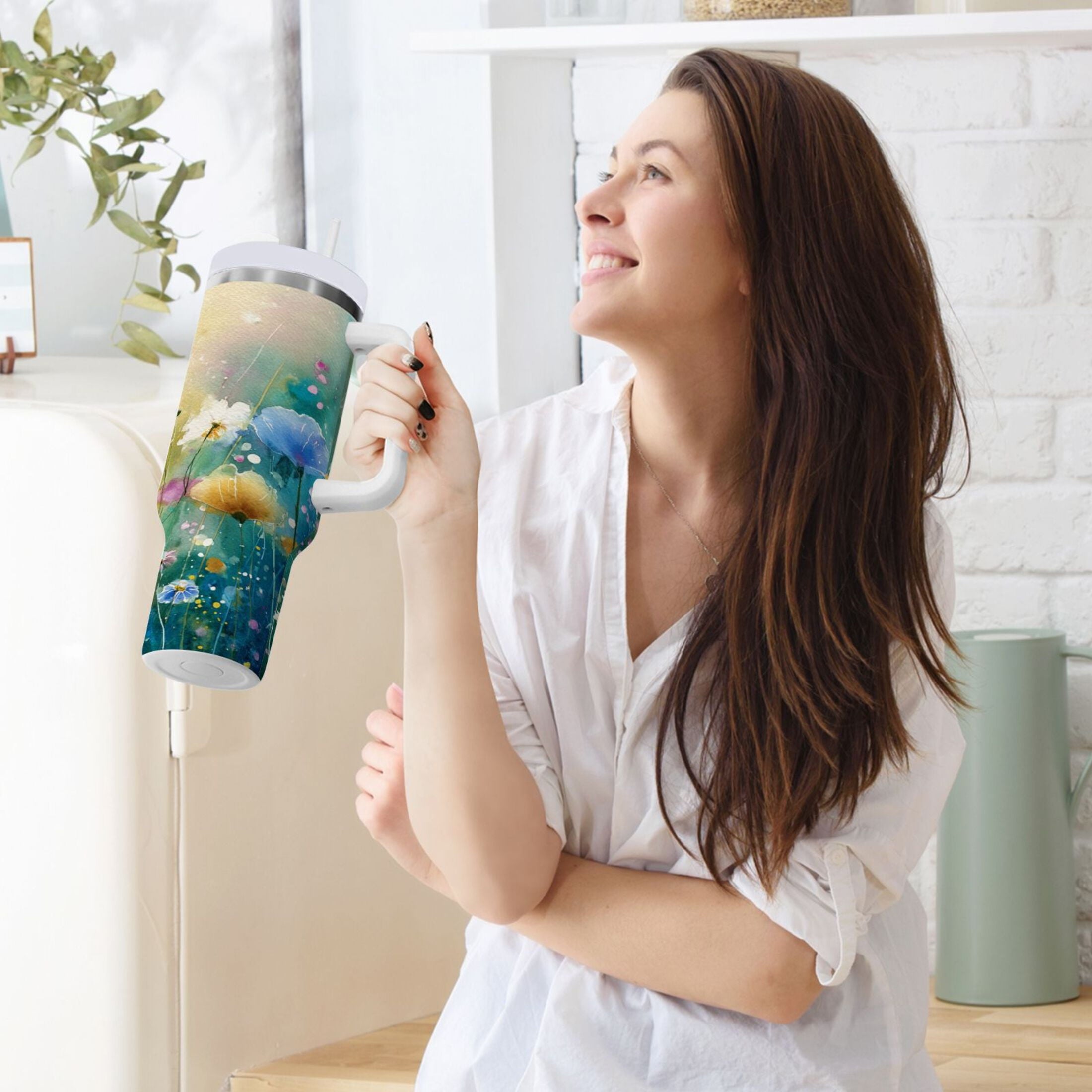 30 oz Insulated Stainless Steel Tumbler Double Wall Stainless Steel Tumbler with 2-Way Drinking Watercolor Wildflowers - X4M2