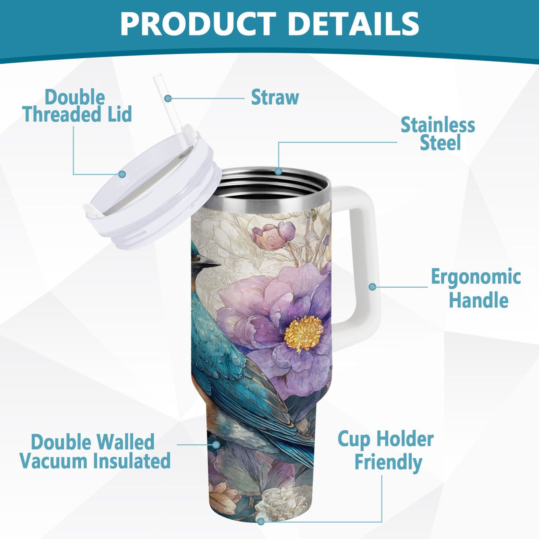 30 oz Insulated Stainless Steel Tumbler Double Wall Stainless Steel Tumbler with 2-Way Drinking Bluebird and Flower - M4U3