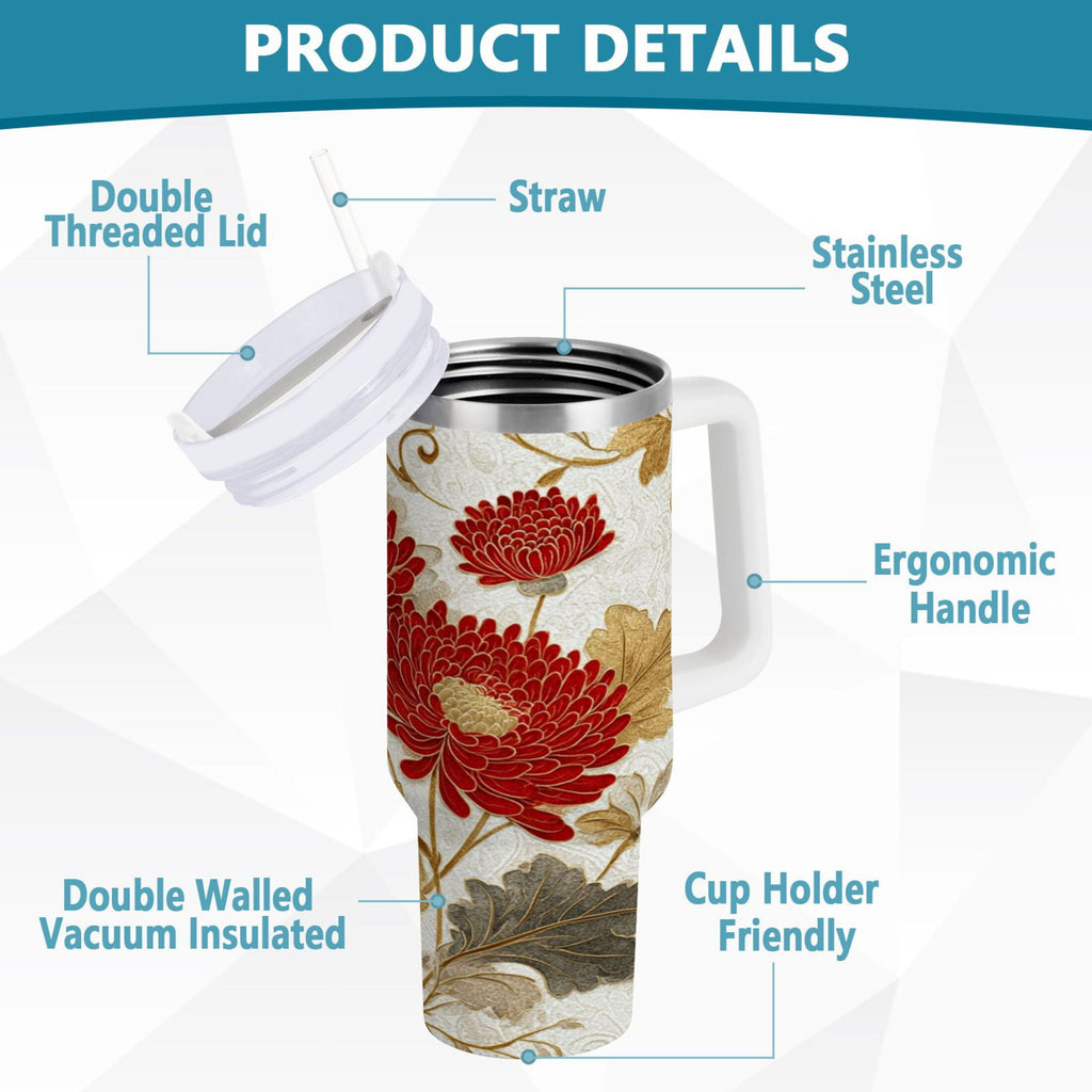 30 oz Insulated Stainless Steel Tumbler Double Wall Stainless Steel Tumbler with 2-Way Drinking Red Chrysanthemum Pattern - APW8