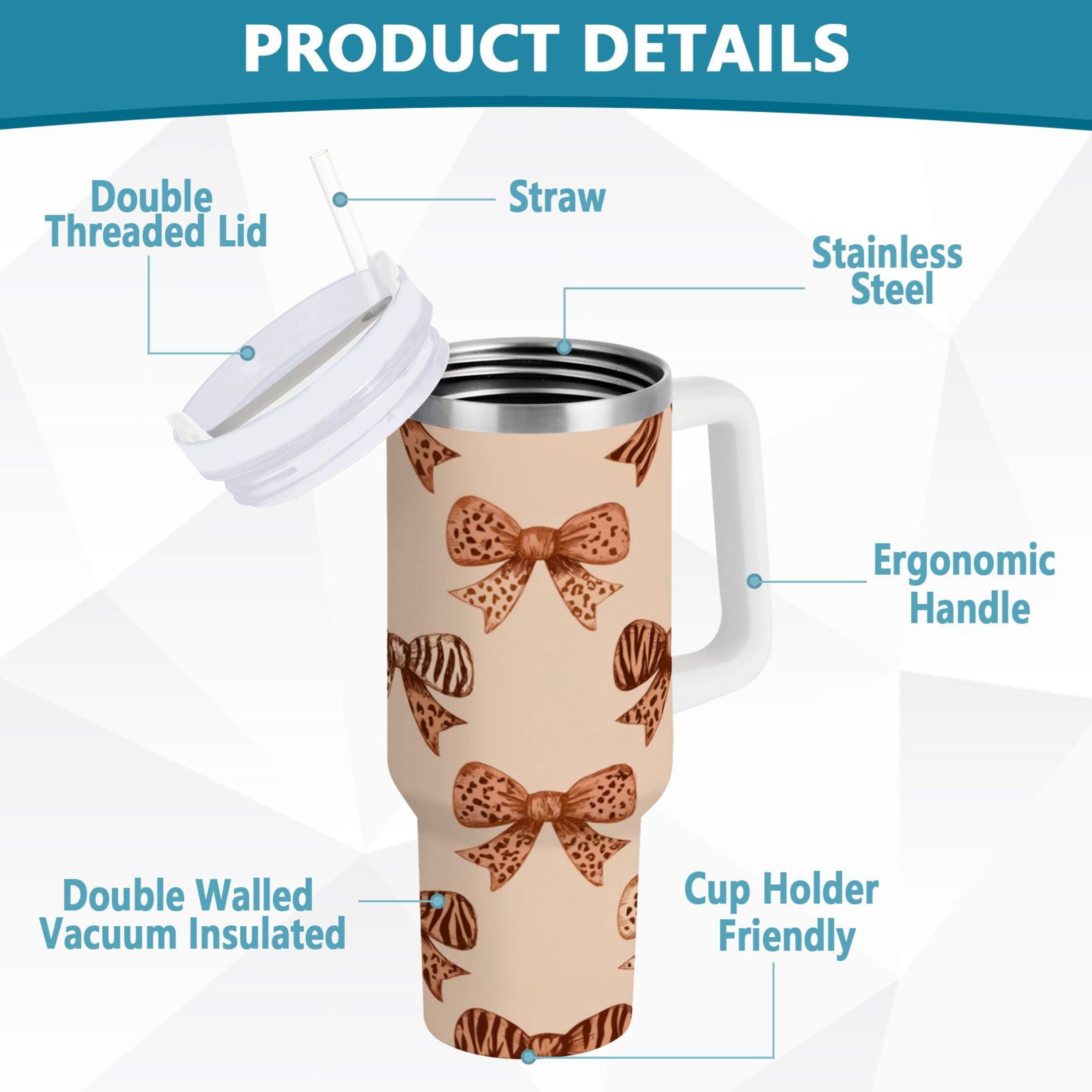 40 oz Insulated Stainless Steel Tumbler Double Wall Stainless Steel Tumbler with 2-Way Drinking Leopard Print Bow - D59H