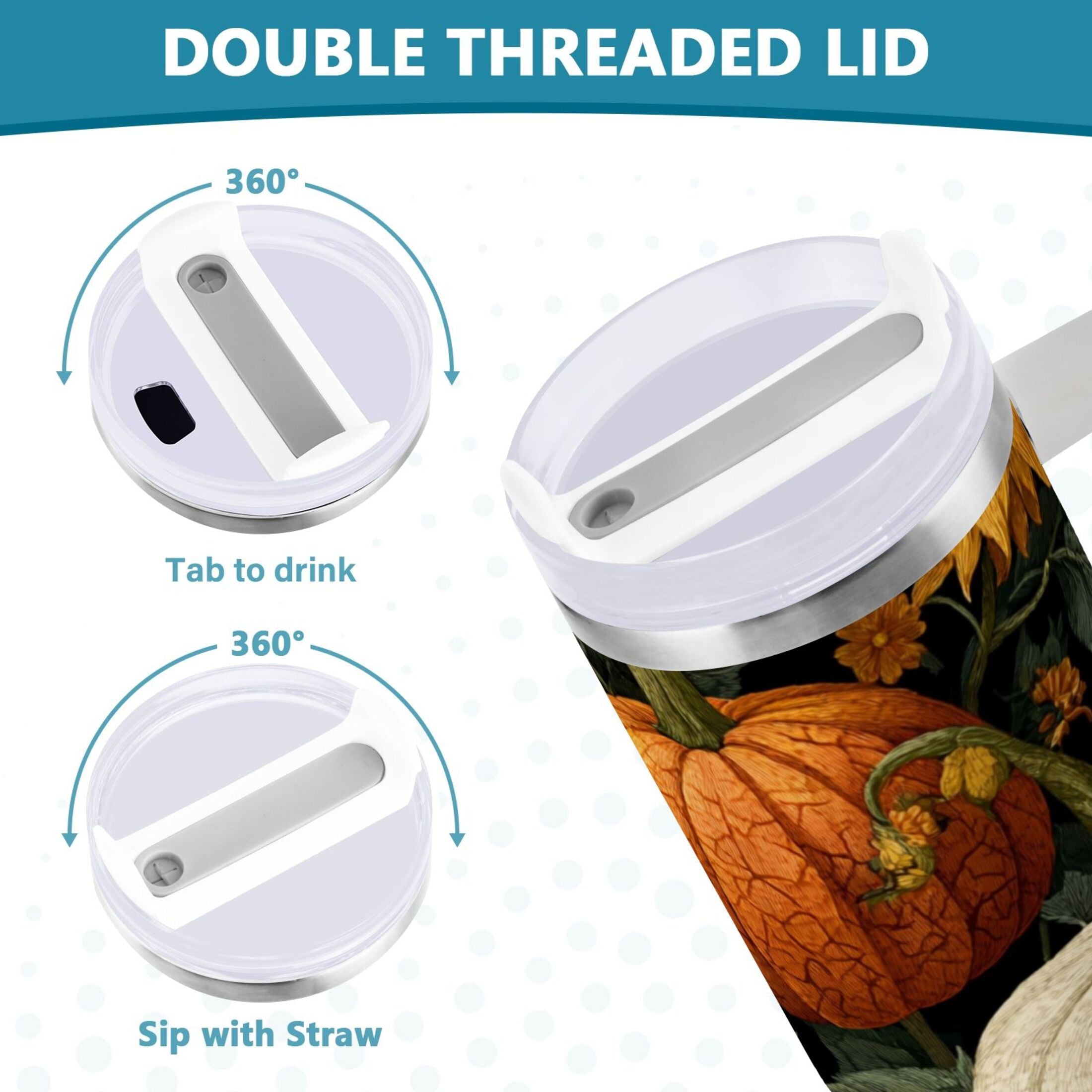 40 oz Insulated Stainless Steel Tumbler Double Wall Stainless Steel Tumbler with 2-Way Drinking Pumpkins and Sunflowers Pattern - YTXK