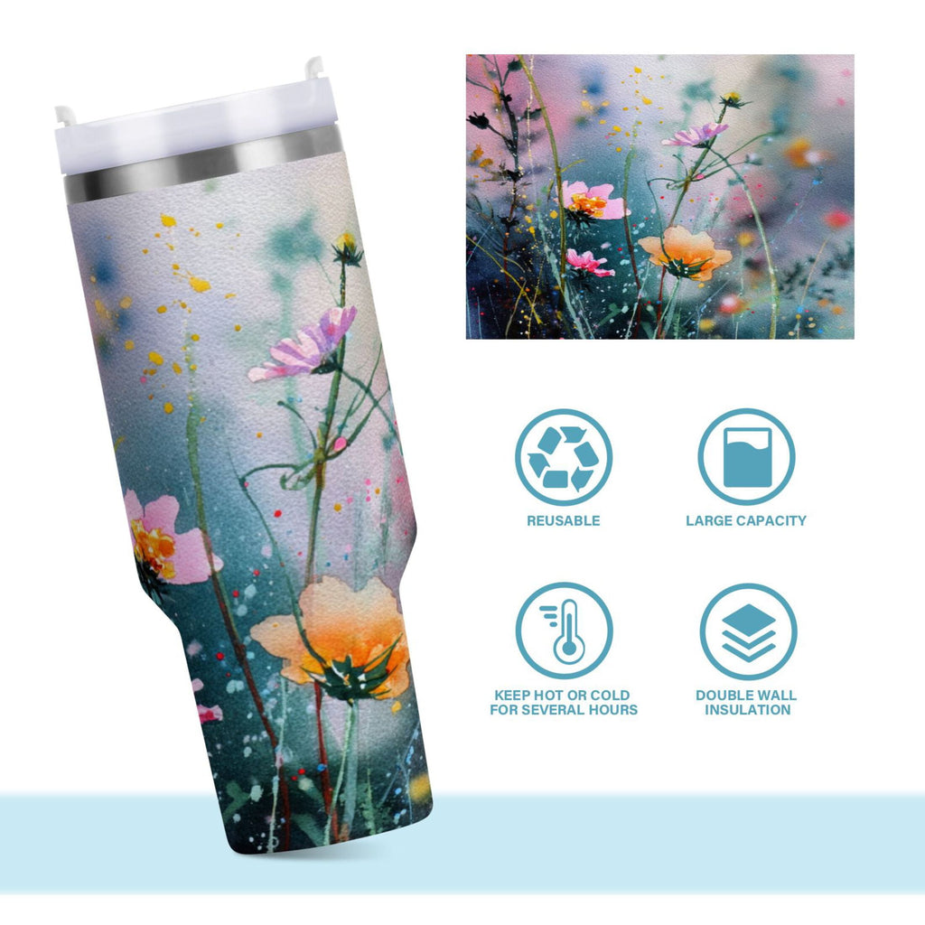 40 oz Insulated Stainless Steel Tumbler Double Wall Stainless Steel Tumbler with 2-Way Drinking Abstract Wildflowers - XZH3