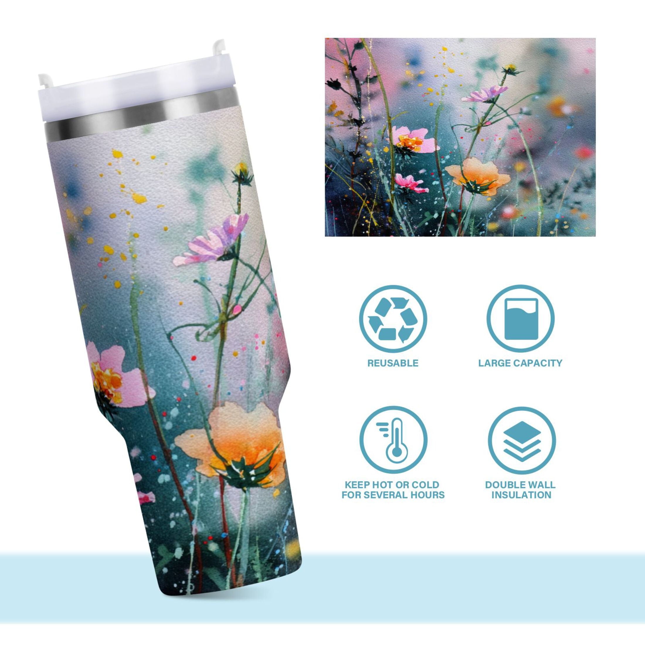 40 oz Insulated Stainless Steel Tumbler Double Wall Stainless Steel Tumbler with 2-Way Drinking Abstract Wildflowers - XZH3
