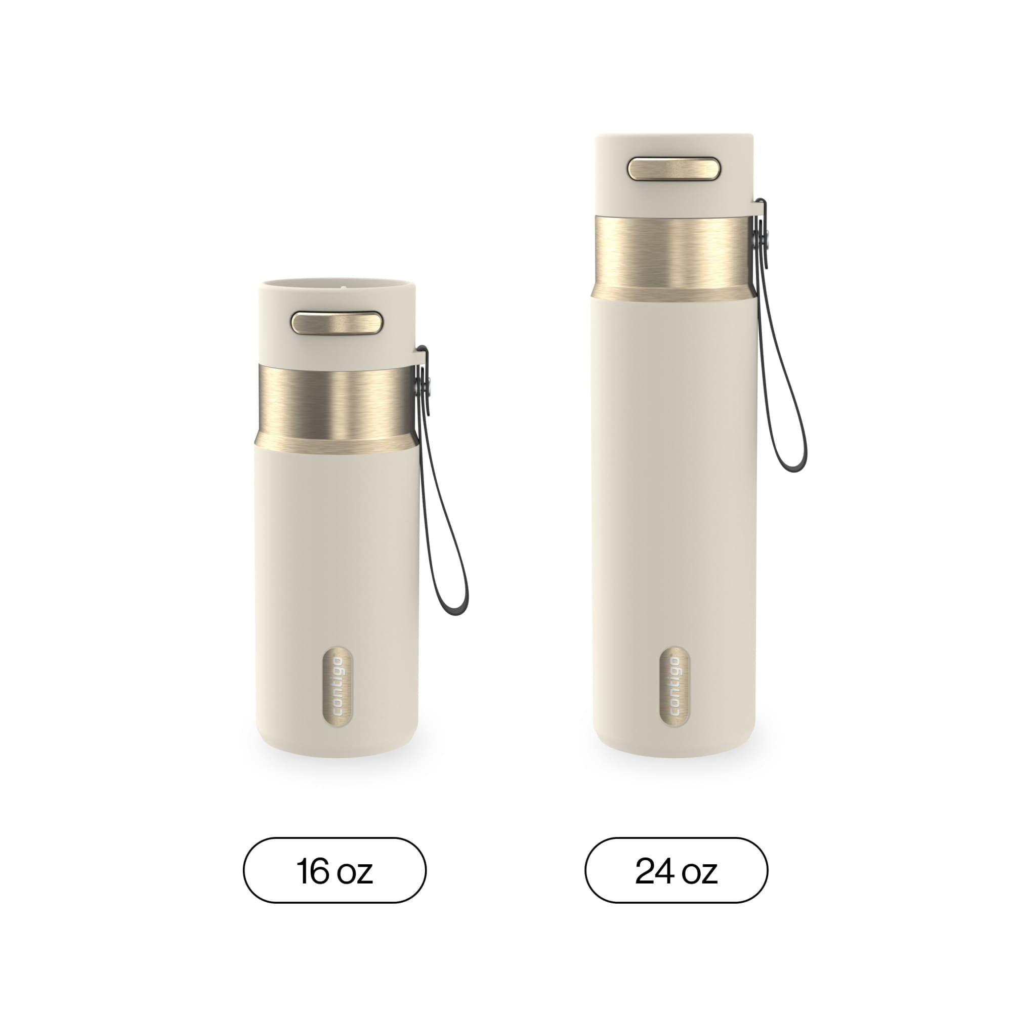 Contigo AutoSeal Leakproof Stainless Steel Reusable Water Bottle Tumbler with Carrying Strap, Cream/Champagne, 24 oz - MHSJ