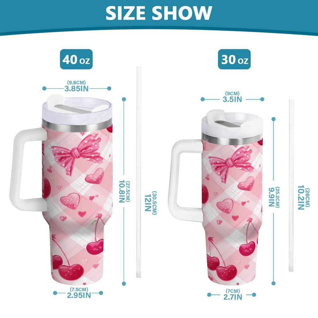 30 oz Insulated Stainless Steel Tumbler Double Wall Stainless Steel Tumbler with 2-Way Drinking Cherry and Pink Bow Pattern - MRZL
