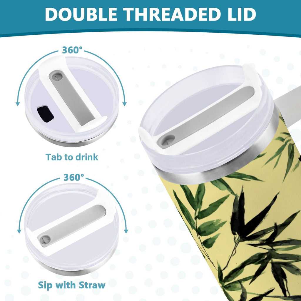 30 oz Insulated Stainless Steel Tumbler Double Wall Stainless Steel Tumbler with 2-Way Drinking Bamboo and Green Leaves - 9ZP9