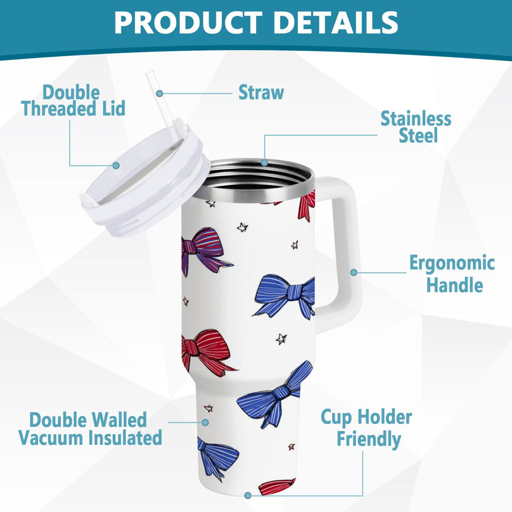 30 oz Insulated Stainless Steel Tumbler Double Wall Stainless Steel Tumbler with 2-Way Drinking Red and Blue Stripe Bows - 6ZSD