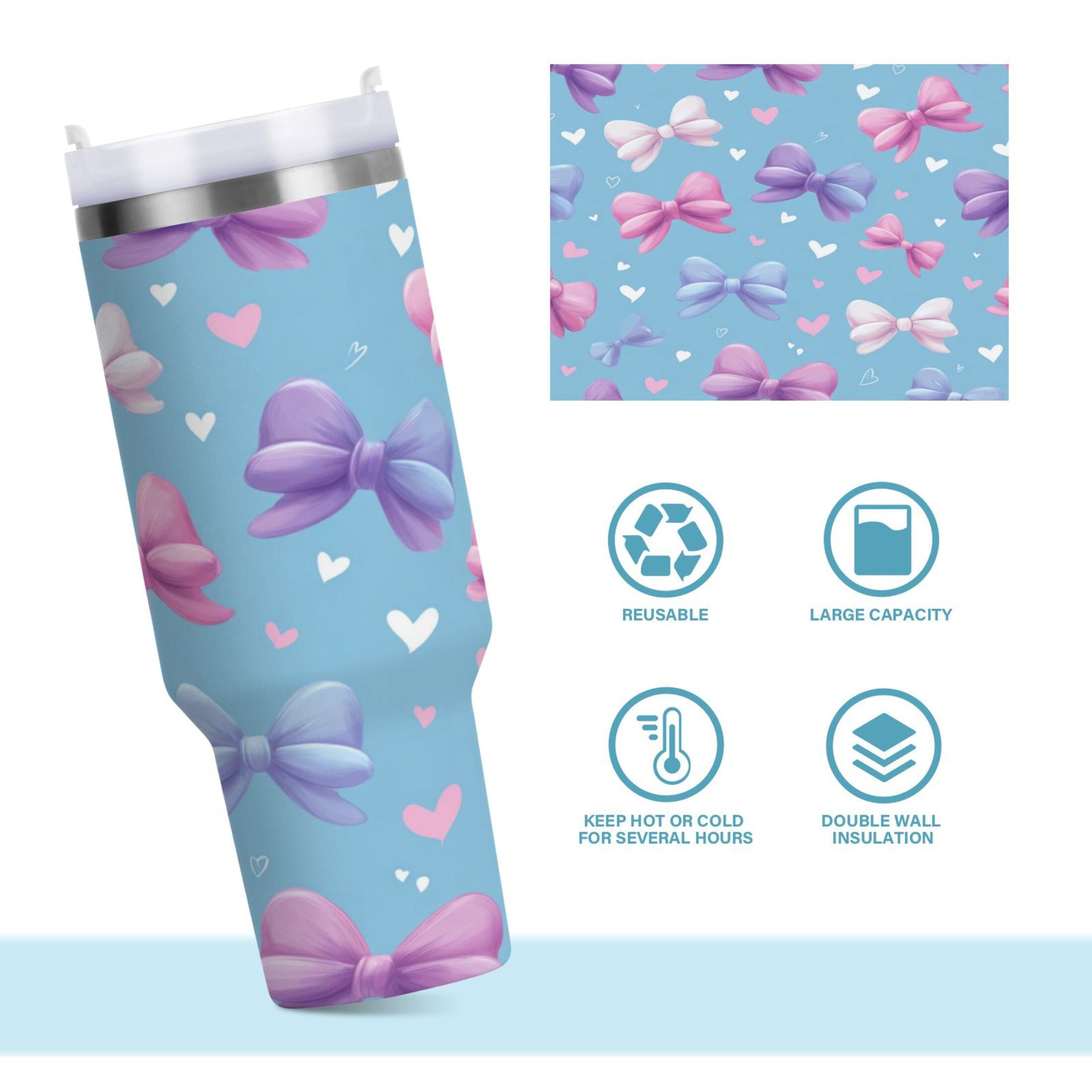 30 oz Insulated Stainless Steel Tumbler Double Wall Stainless Steel Tumbler with 2-Way Drinking Pink and Purple Bows - C8WV