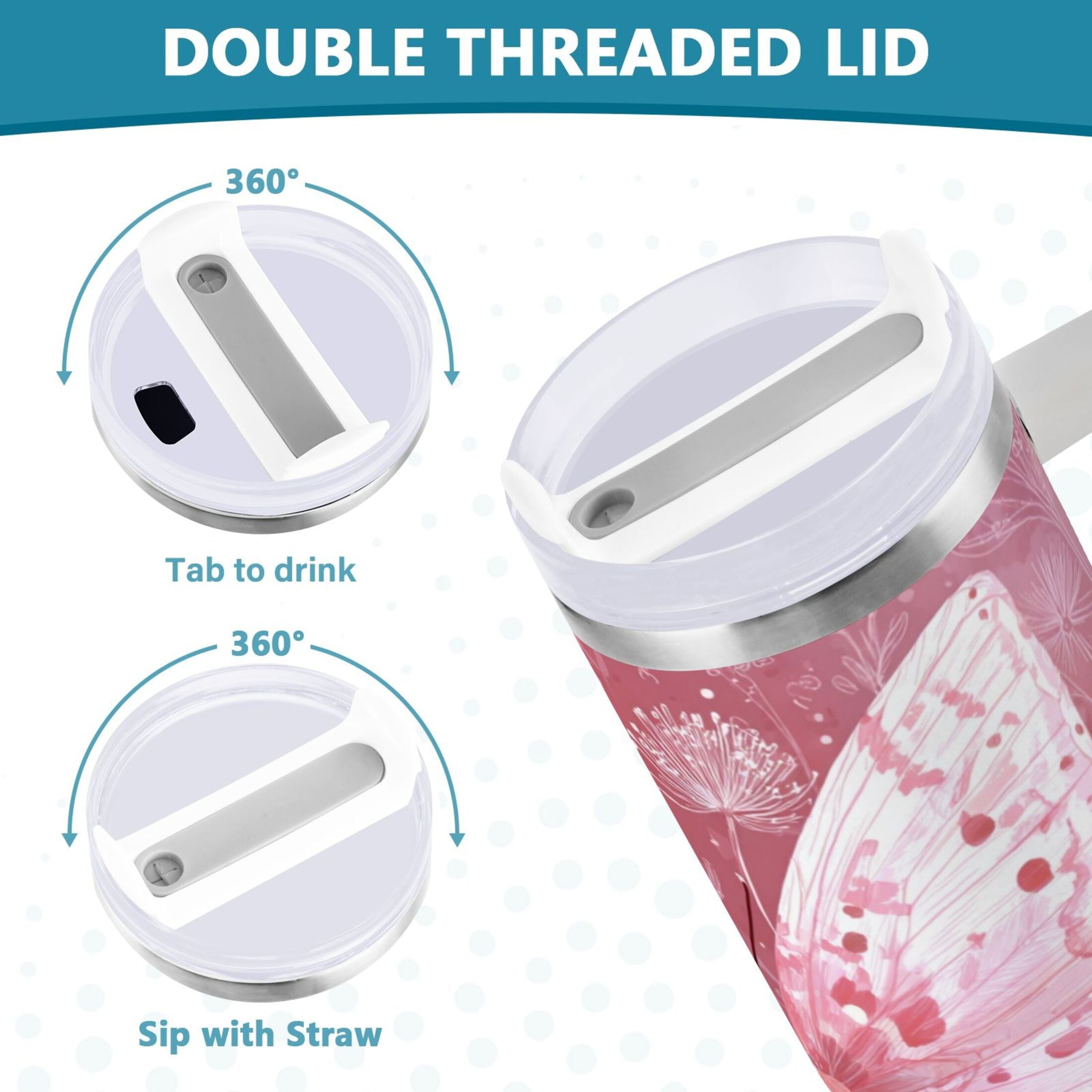 30 oz Insulated Stainless Steel Tumbler Double Wall Stainless Steel Tumbler with 2-Way Drinking Soft Pink Butterfly - CERX