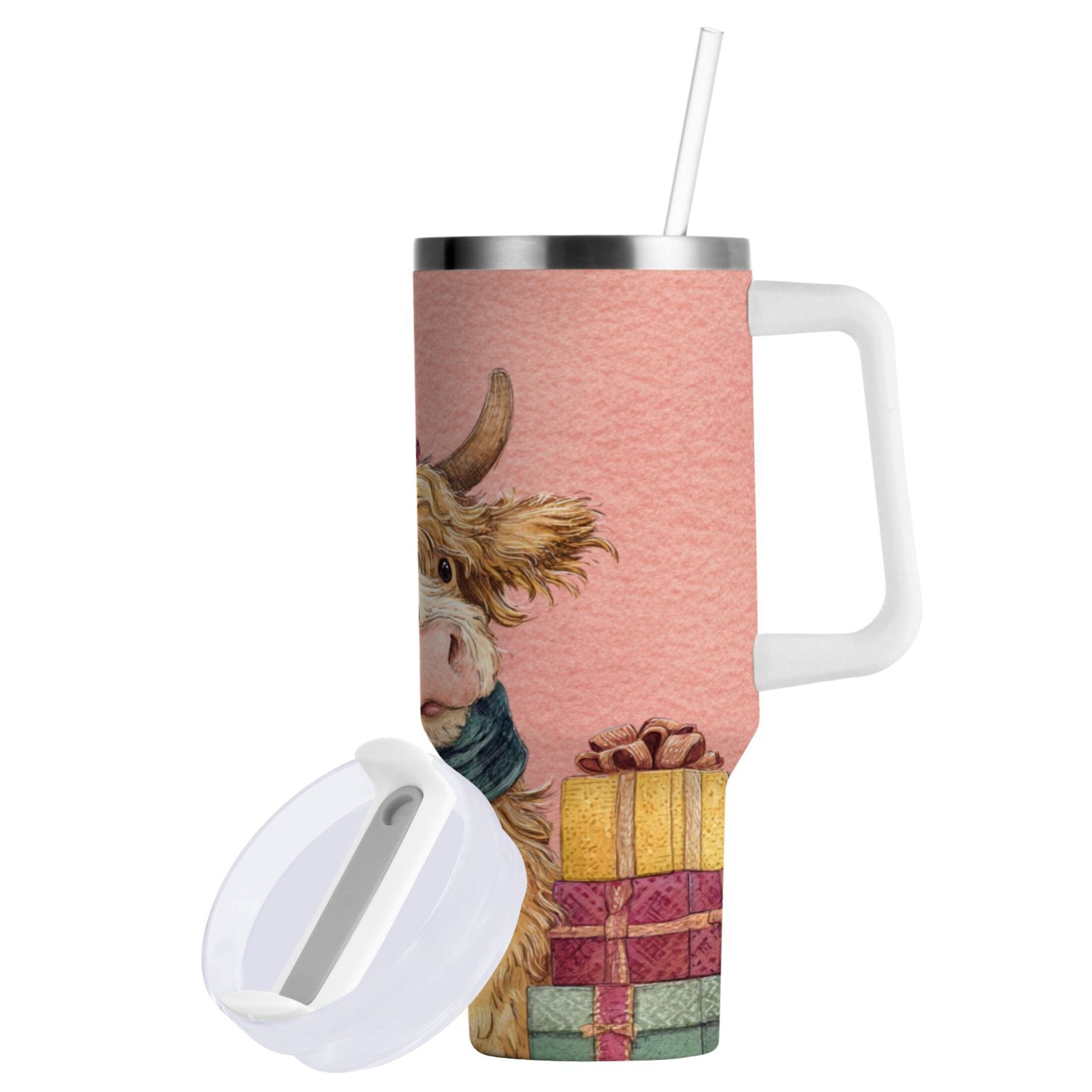 30 oz Insulated Stainless Steel Tumbler Double Wall Stainless Steel Tumbler with 2-Way Drinking Cow Wearing Scarf and Hat - RM7U
