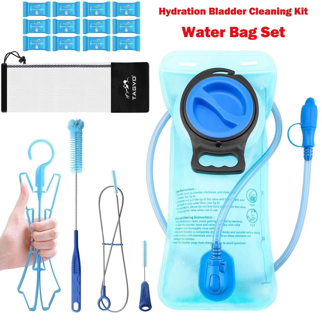 TAGVO Hydration Bladder 2 Liter BPA Free 70oz + Cleaning Brushes Kit, Leakproof Water Bladder Travel Reservoir Hydration Bag, Easy Cleaning by 3 Brushes and Air Drying by Collapsible Frame - 6KC3