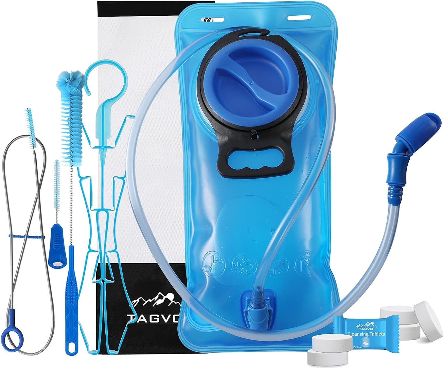 TAGVO Hydration Bladder 2 Liter BPA Free 70oz + Cleaning Brushes Kit, Leakproof Water Bladder Travel Reservoir Hydration Bag, Easy Cleaning by 3 Brushes and Air Drying by Collapsible Frame - 6KC3