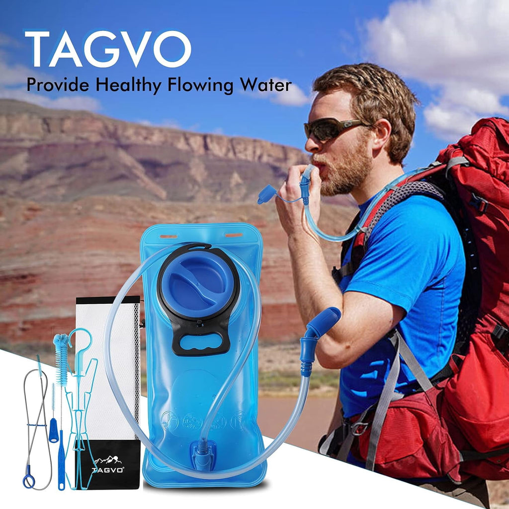 TAGVO Hydration Bladder 2 Liter BPA Free 70oz + Cleaning Brushes Kit, Leakproof Water Bladder Travel Reservoir Hydration Bag, Easy Cleaning by 3 Brushes and Air Drying by Collapsible Frame - 6KC3