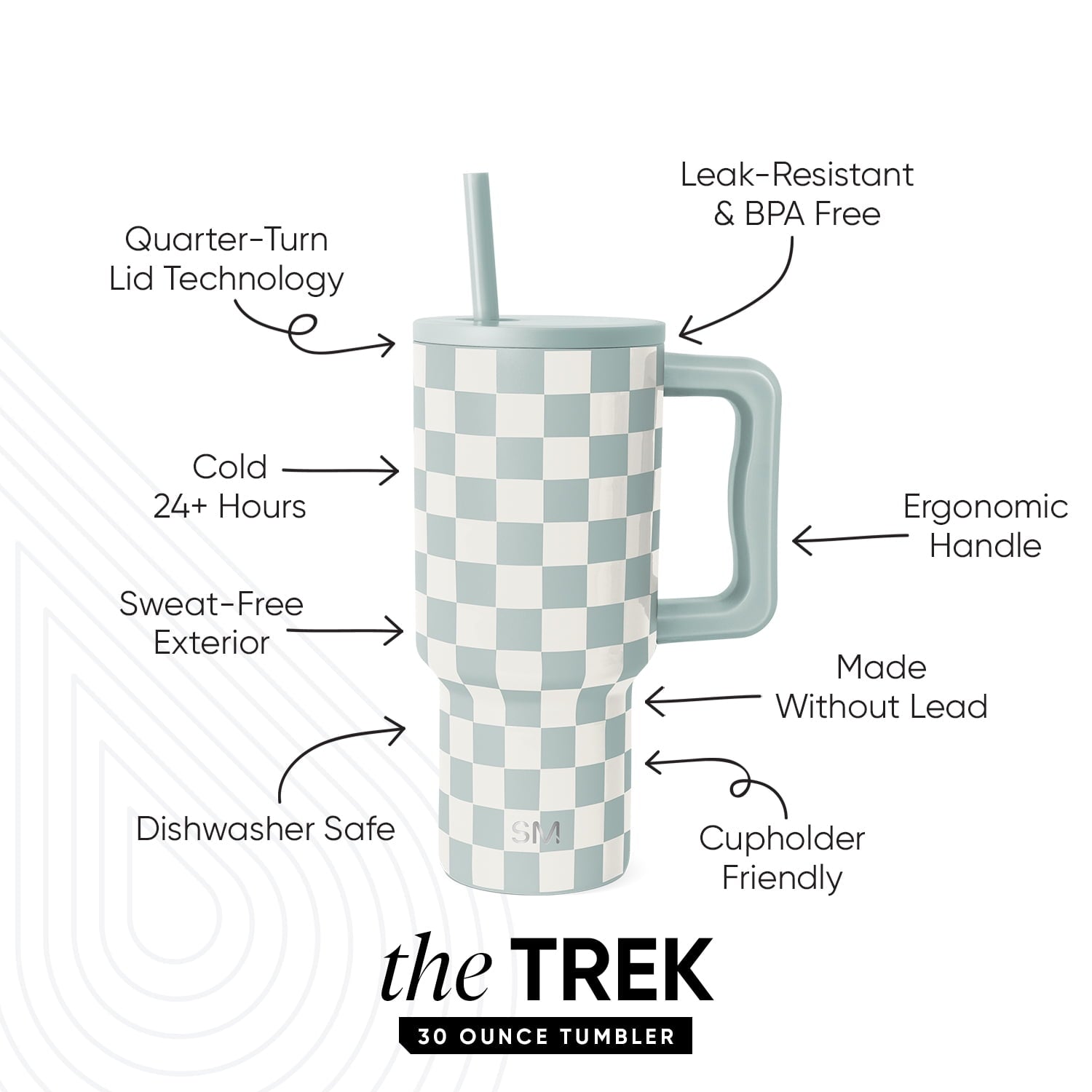 Simple Modern 30 fl oz Insulated Stainless Steel Trek Tumbler with Straw Lid | Seaglass Sage and Cream Checkmate - 2P24