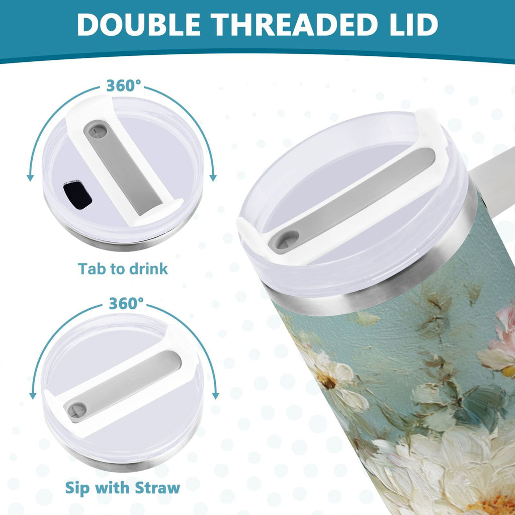 40 oz Insulated Stainless Steel Tumbler Double Wall Stainless Steel Tumbler with 2-Way Drinking Vintage Peonies and Daisies - KLSL