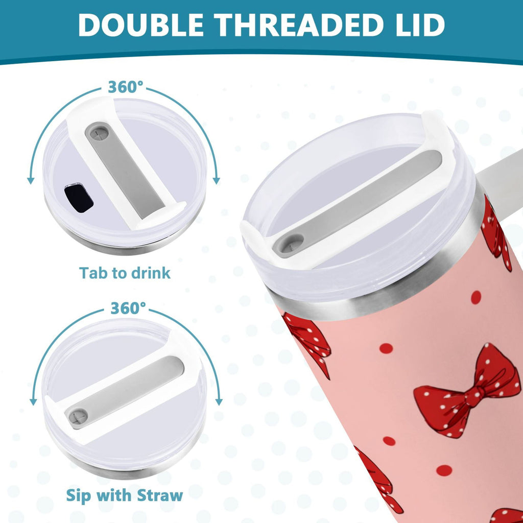 40 oz Insulated Stainless Steel Tumbler Double Wall Stainless Steel Tumbler with 2-Way Drinking Red Bows and Polka Dots - JG7X