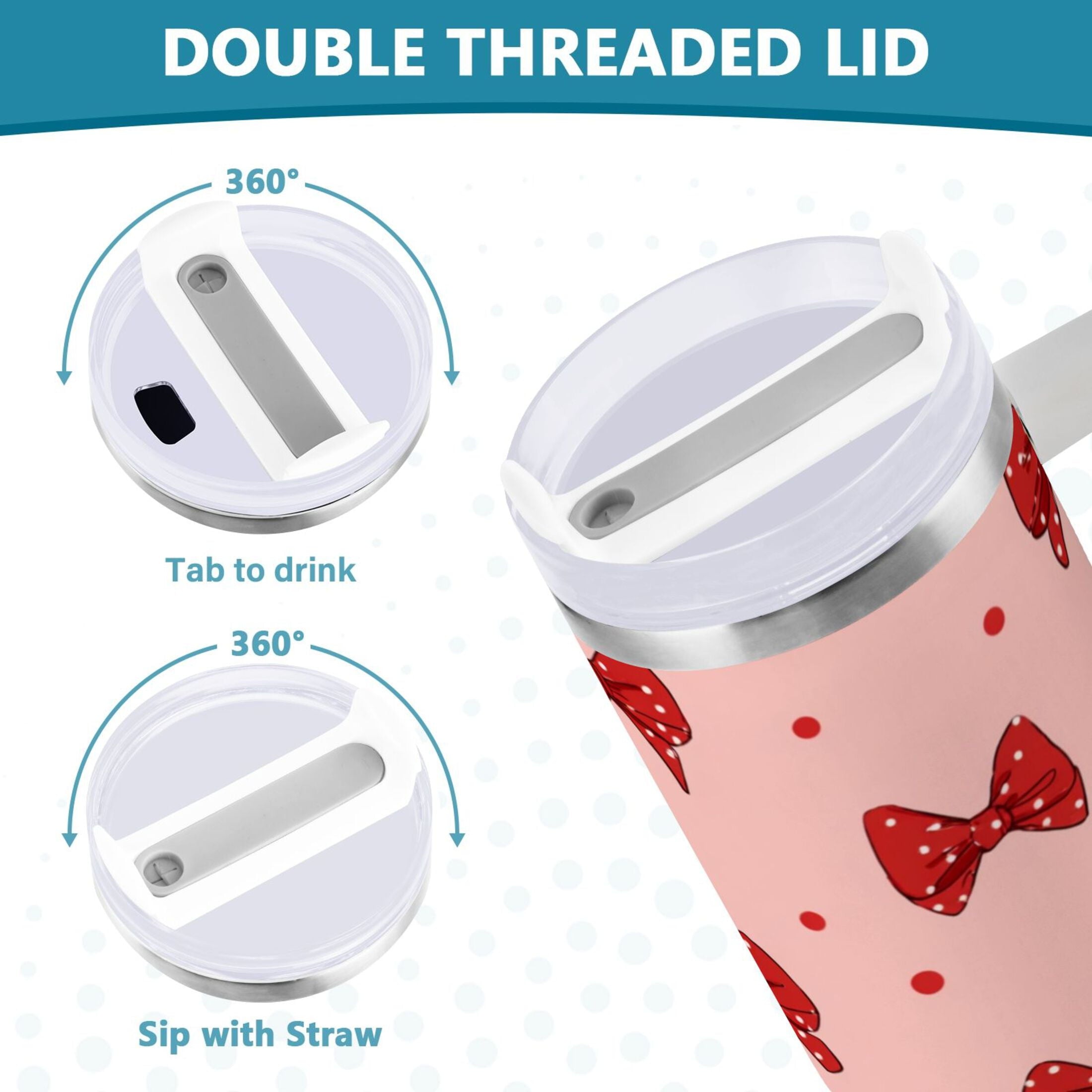 40 oz Insulated Stainless Steel Tumbler Double Wall Stainless Steel Tumbler with 2-Way Drinking Red Bows and Polka Dots - JG7X