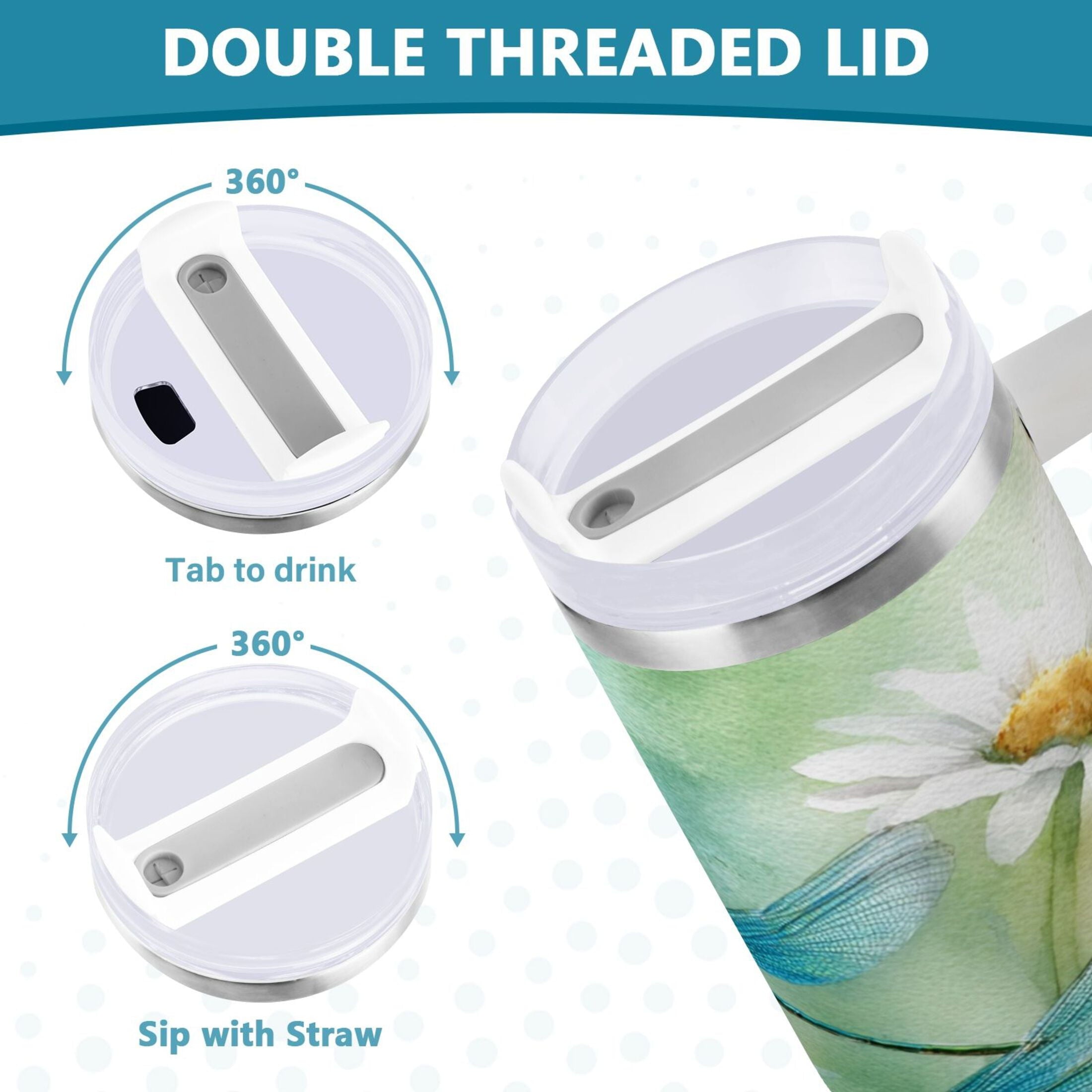 30 oz Insulated Stainless Steel Tumbler Double Wall Stainless Steel Tumbler with 2-Way Drinking Beautiful Dragonflies and Daisies - H496