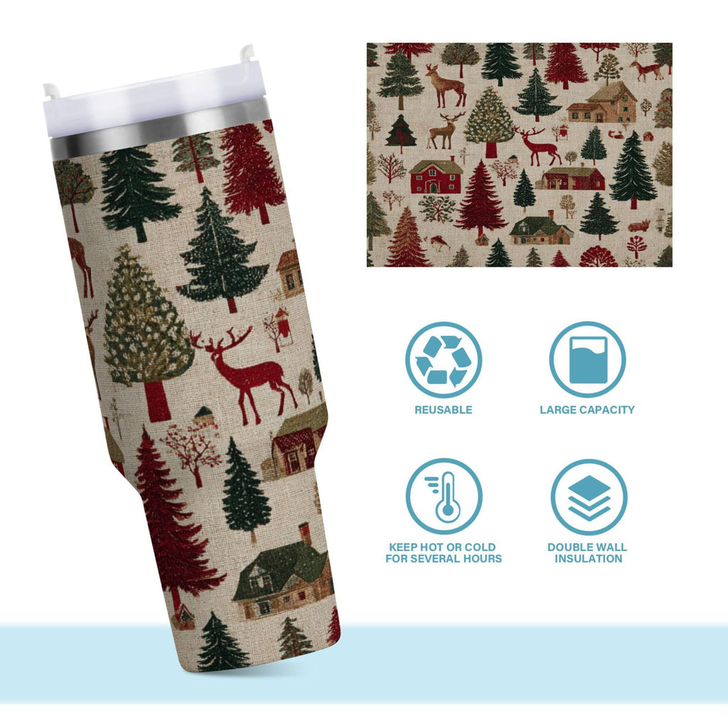 30 oz Insulated Stainless Steel Tumbler Double Wall Stainless Steel Tumbler with 2-Way Drinking Christmas Trees Deer and Houses - 84CJ