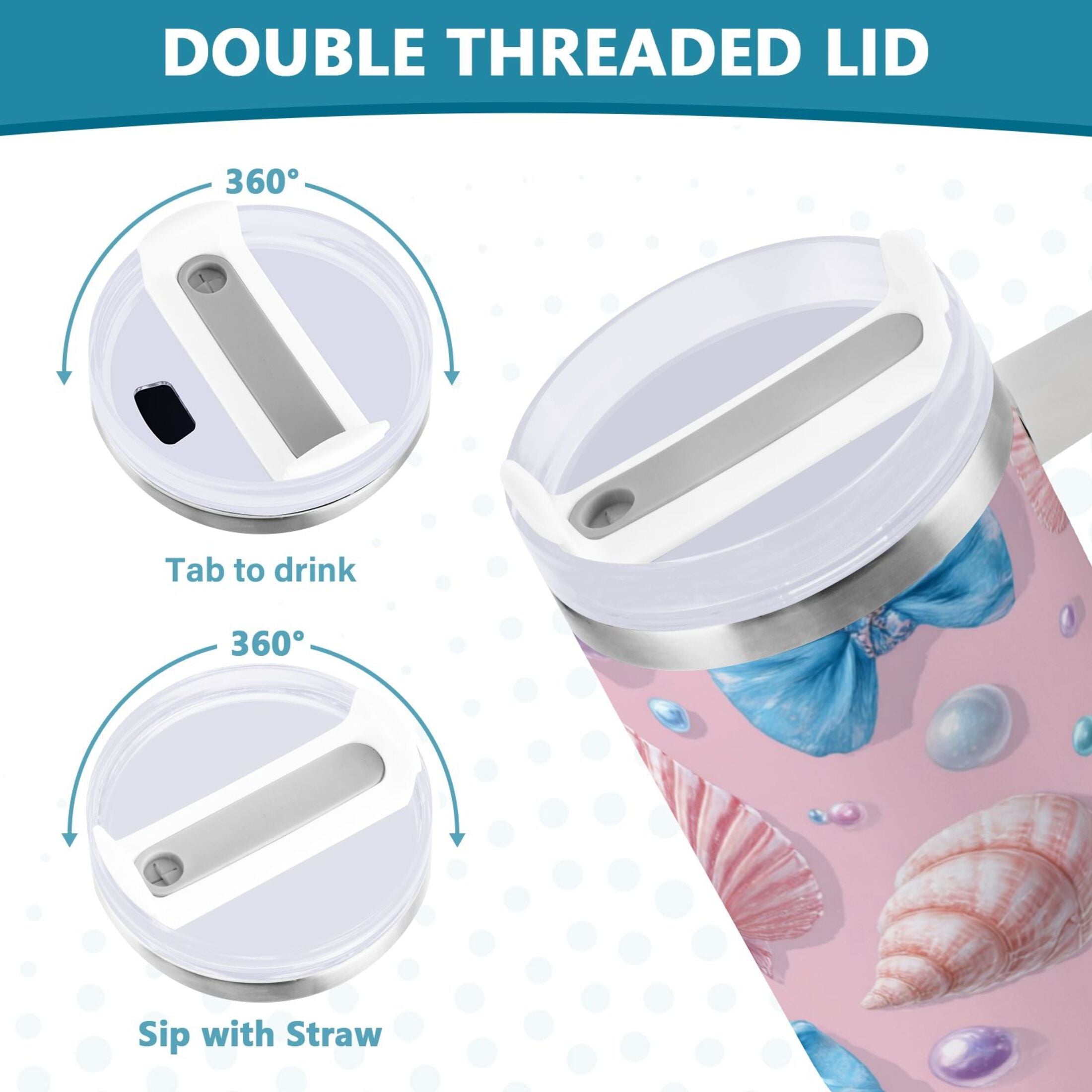 30 oz Insulated Stainless Steel Tumbler Double Wall Stainless Steel Tumbler with 2-Way Drinking Seashells and Bows - 2C72