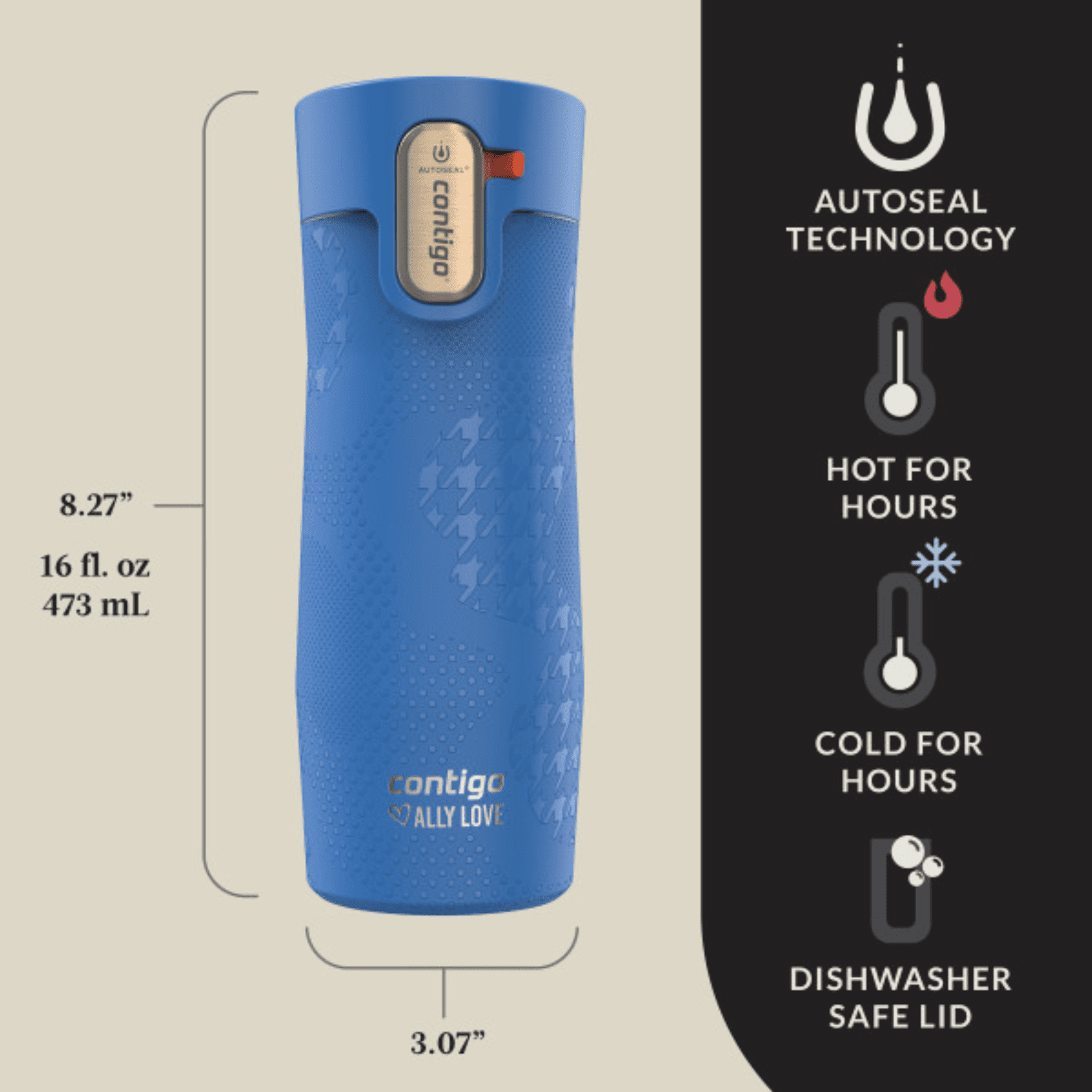 Contigo x Ally Love Autoseal West Loop Vacuum-Insulated Stainless Steel Travel Mug with Easy-Clean Lid, 16 oz, Stellar Jay - 3XKT