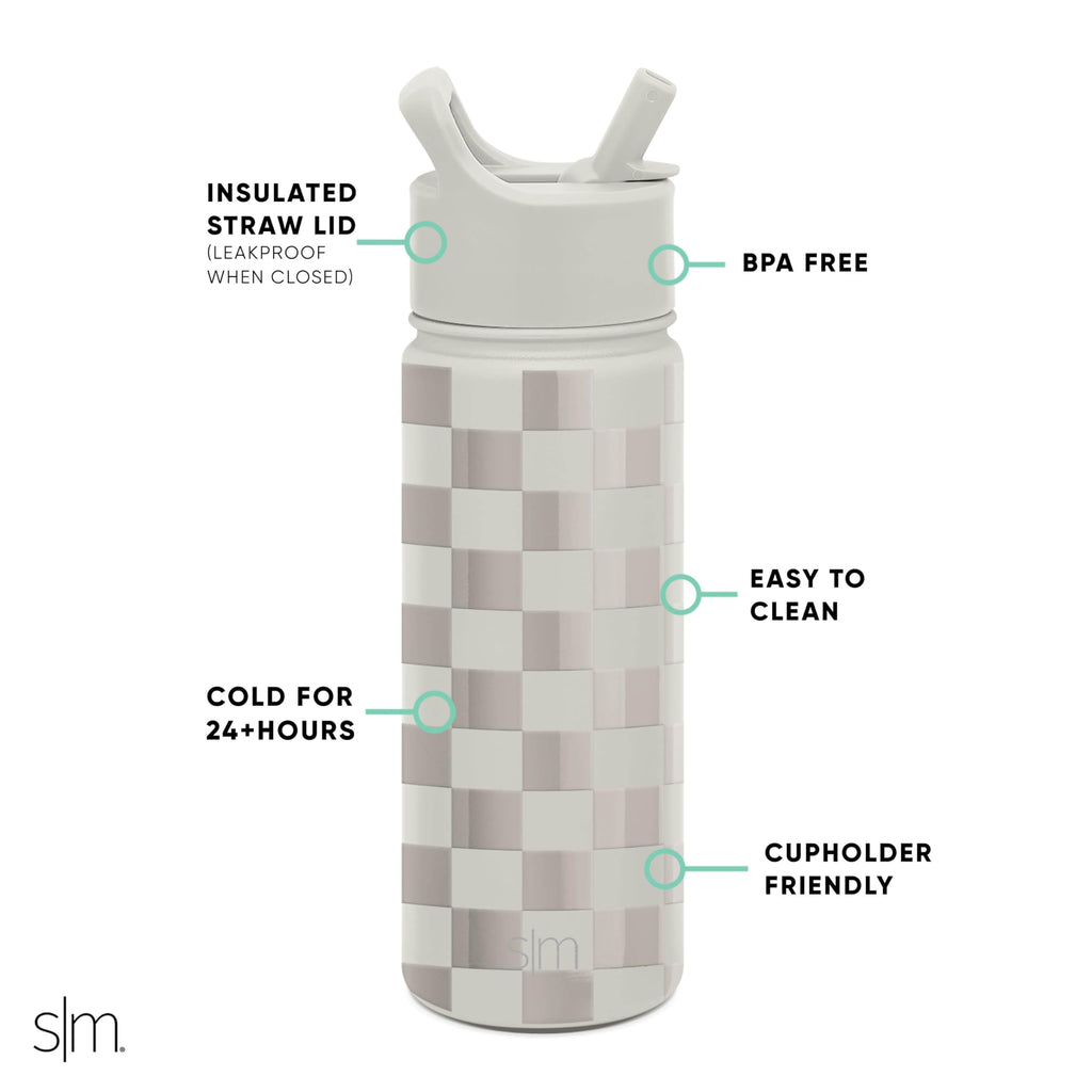 Simple Modern Kids Water Bottle with Straw Lid Vacuum Insulated Stainless Steel Metal Thermos Bottles | Reusable Leak Proof BPA-Free Flask for School | Summit Collection | 18oz, Checkmate - SKXQ